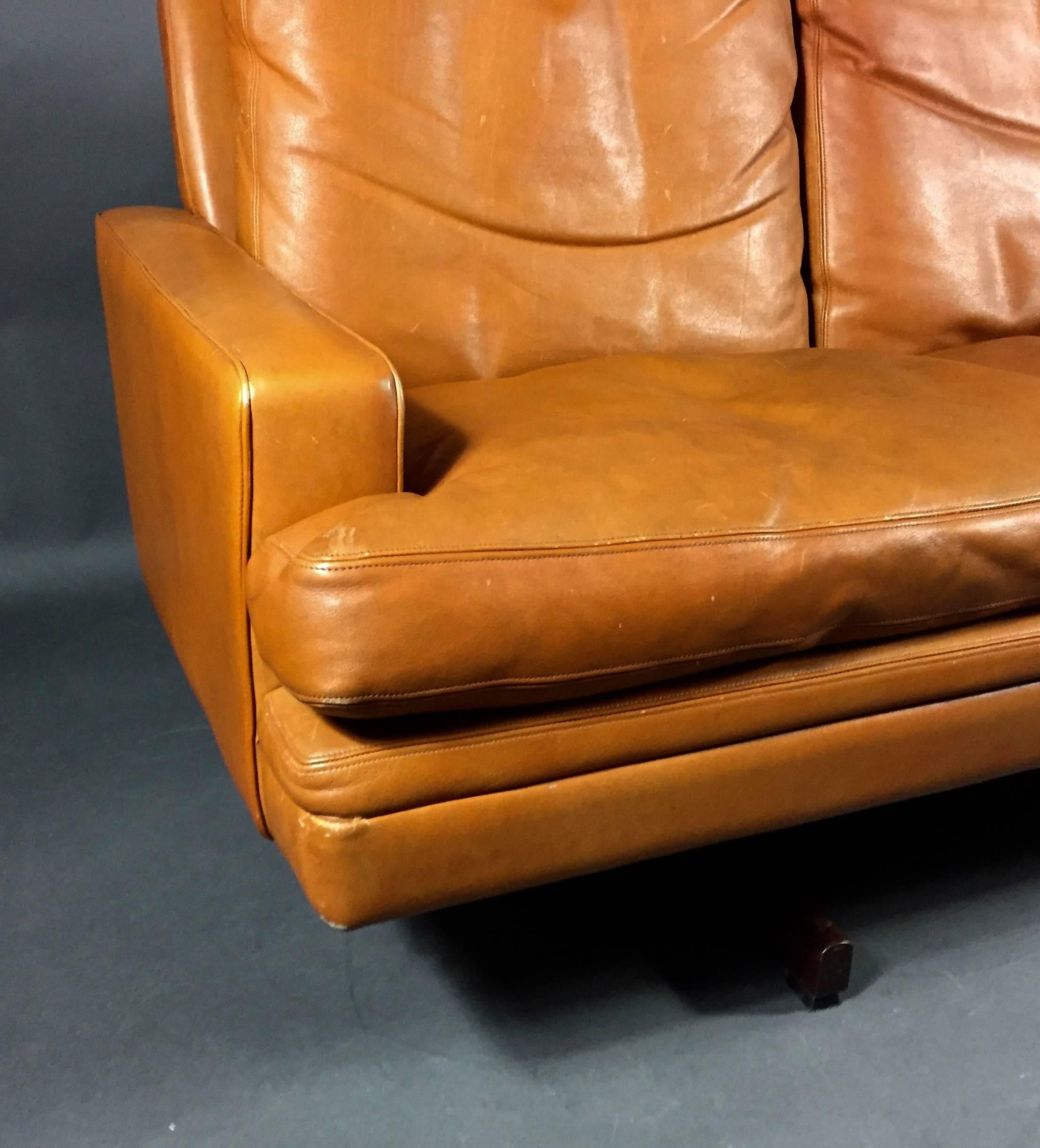Scandinavian Modern Fredrik A. Kayser Three-Seat Leather and Rosewood Sofa, Norway, 1960s