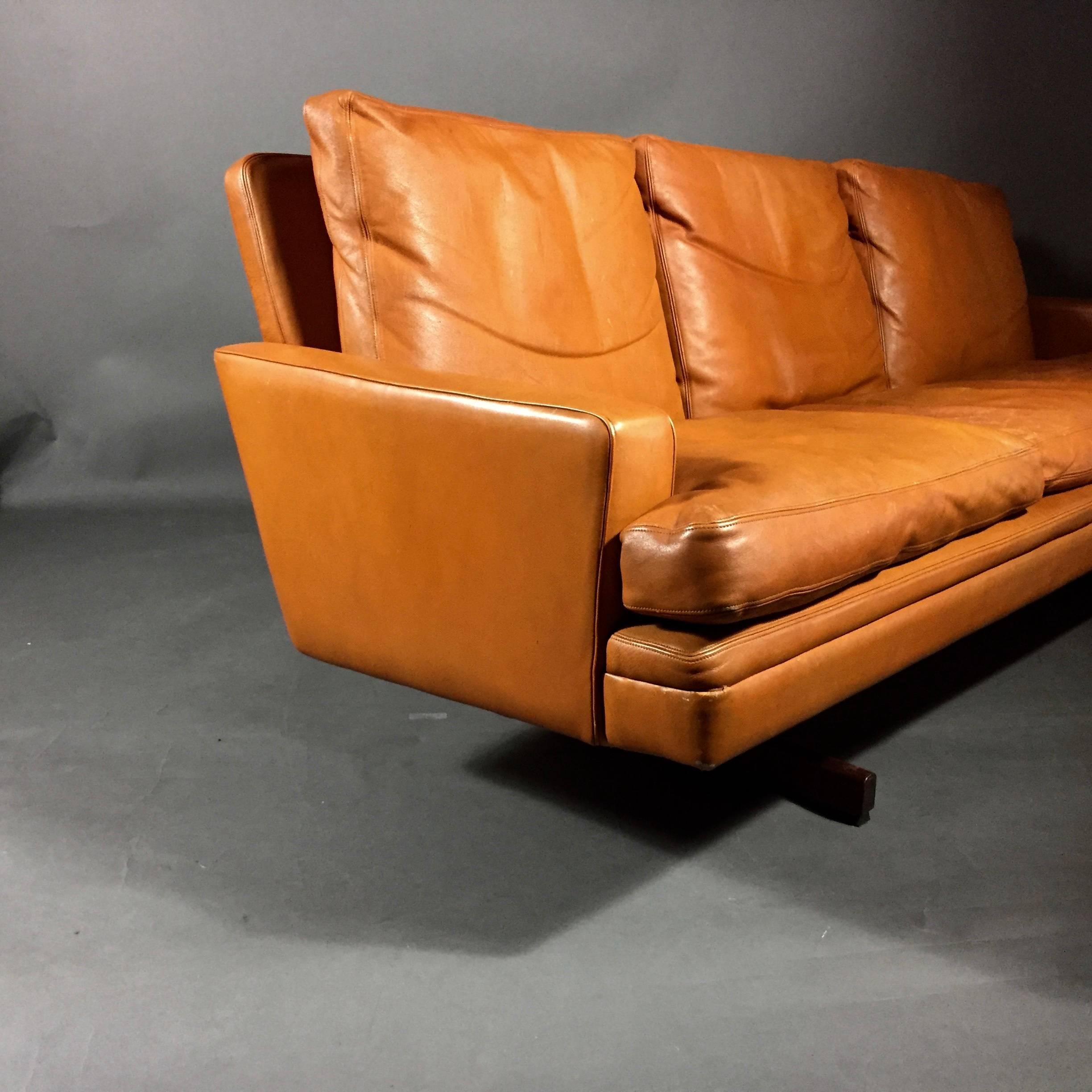 Fredrik A. Kayser Three-Seat Leather and Rosewood Sofa, Norway, 1960s 1