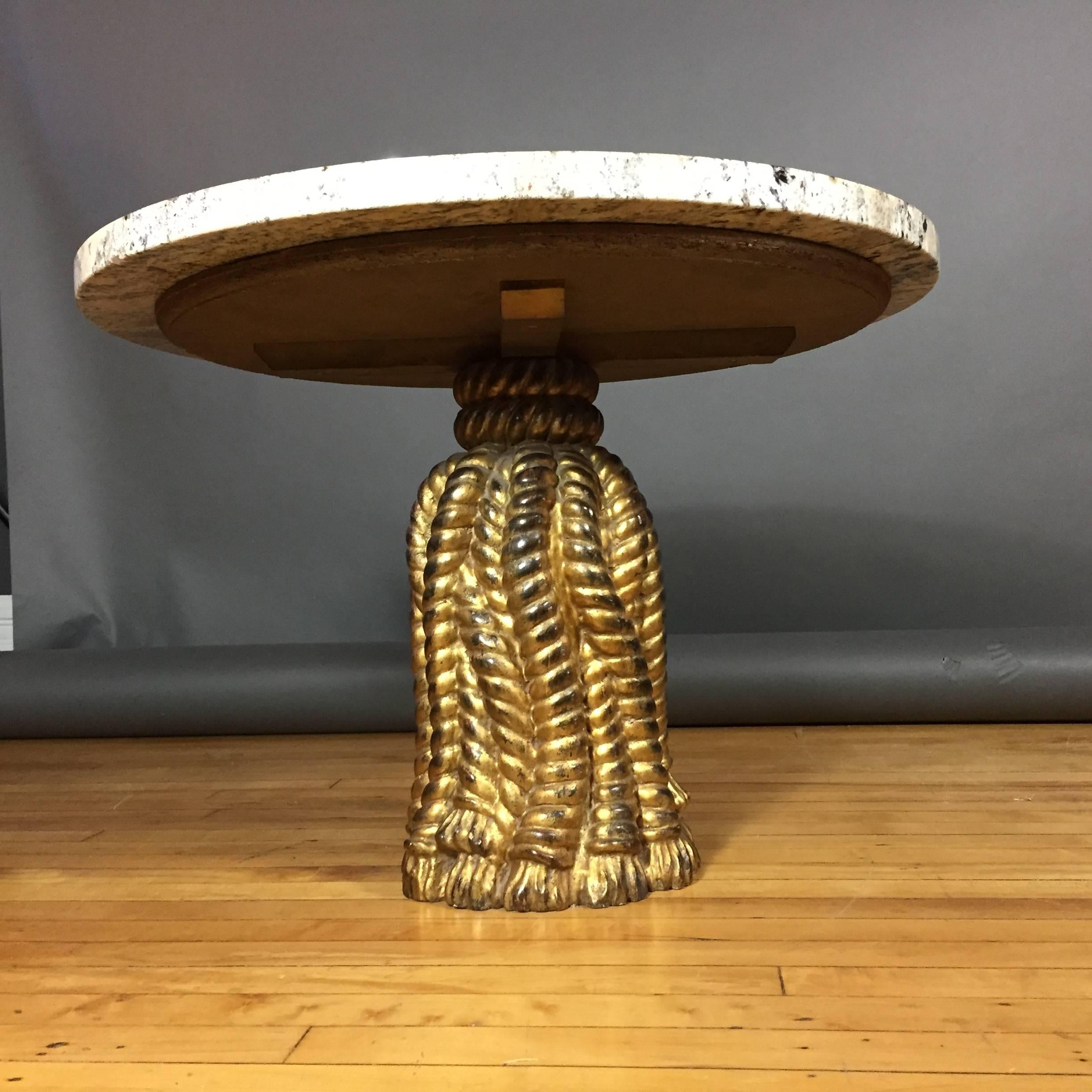 Carved Italian Giltwood Tassel Base and Marble Coffee Table, 1950s