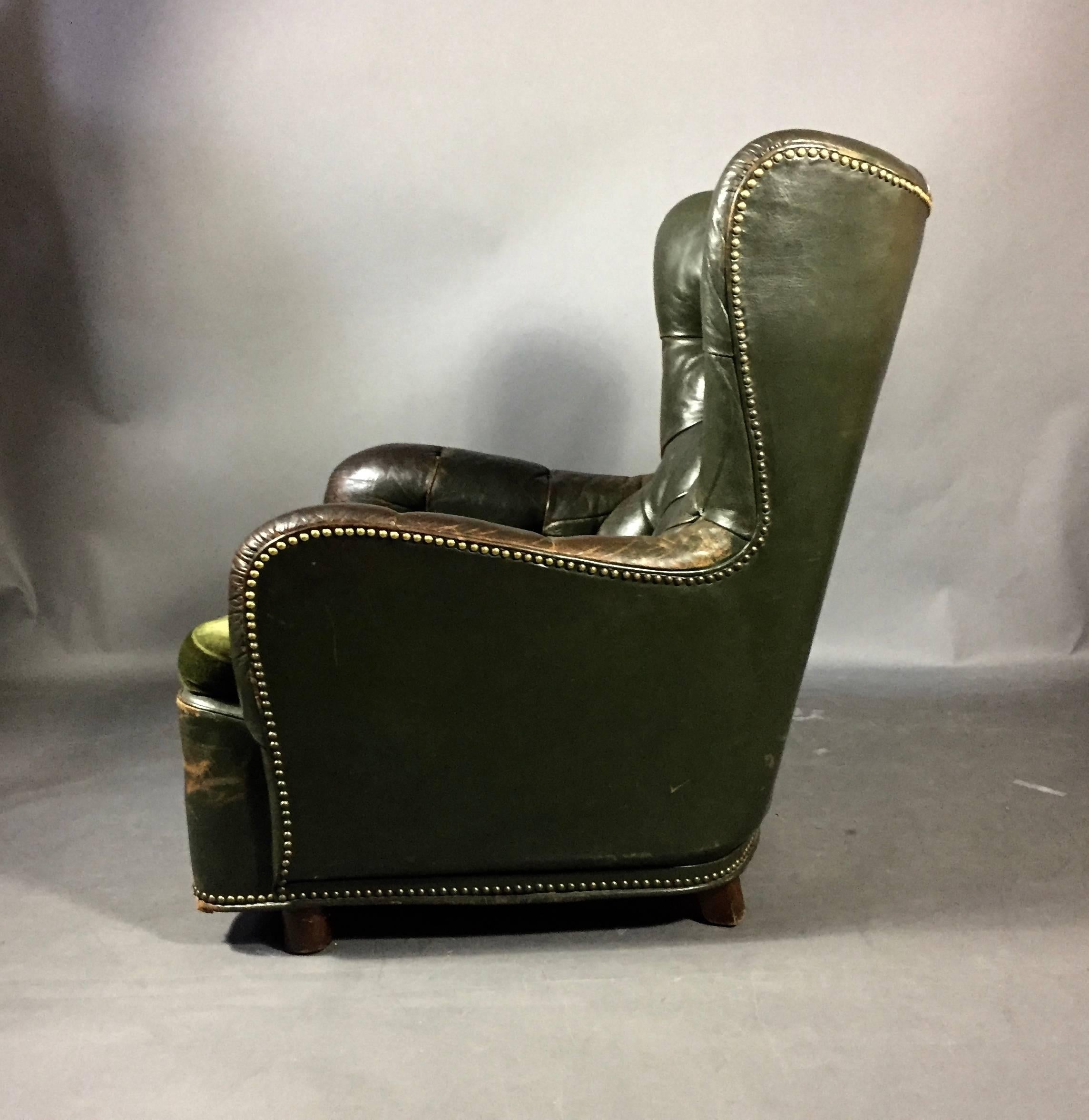 Art Deco 1930s Danish Green Button Tufted Leather Lounge Chair