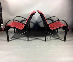 Pair of Red Leather and Black Lacquered Lounge Chairs, 1970s