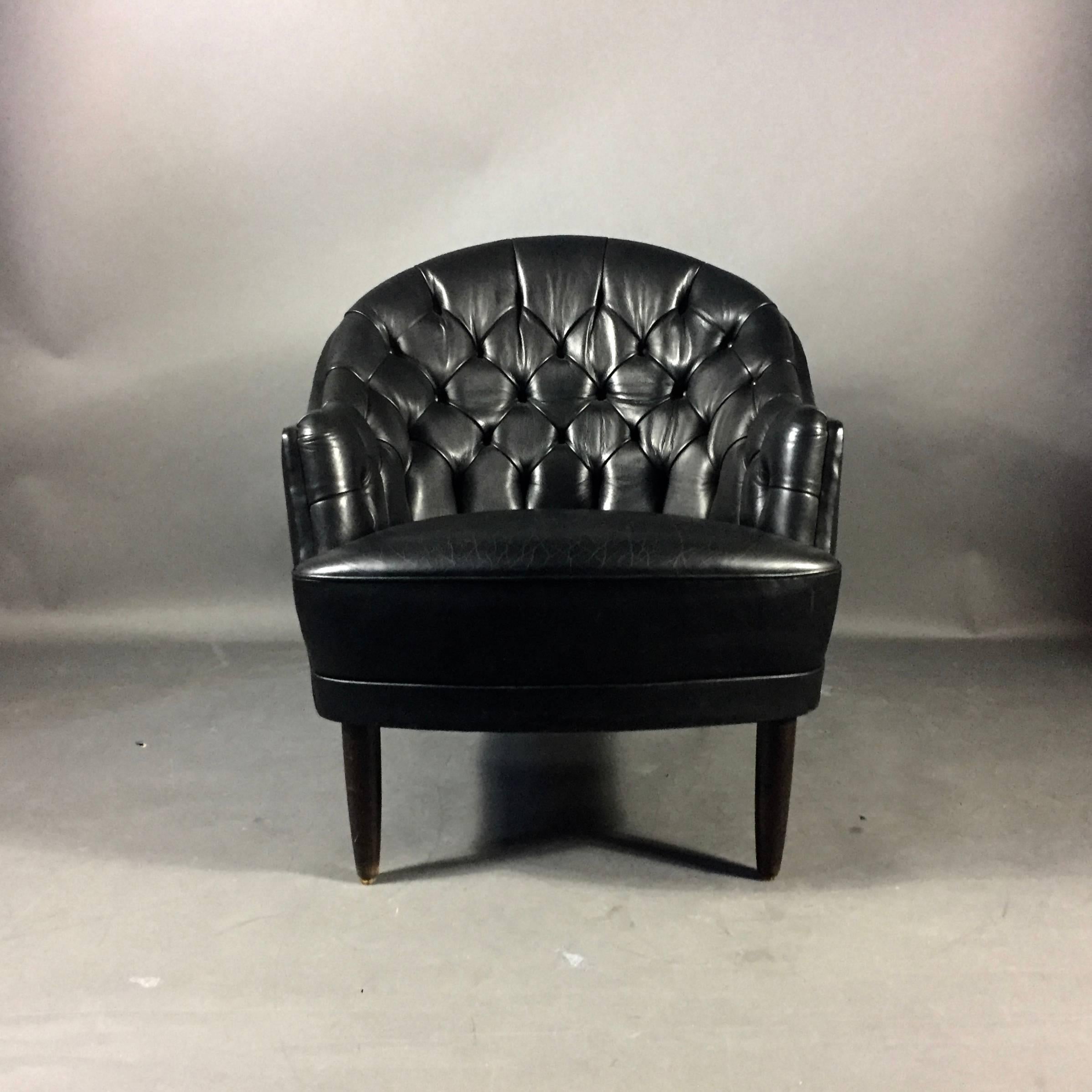 Scandinavian Modern Deep Tufted Black Leather Easy Chair, Late 1960s