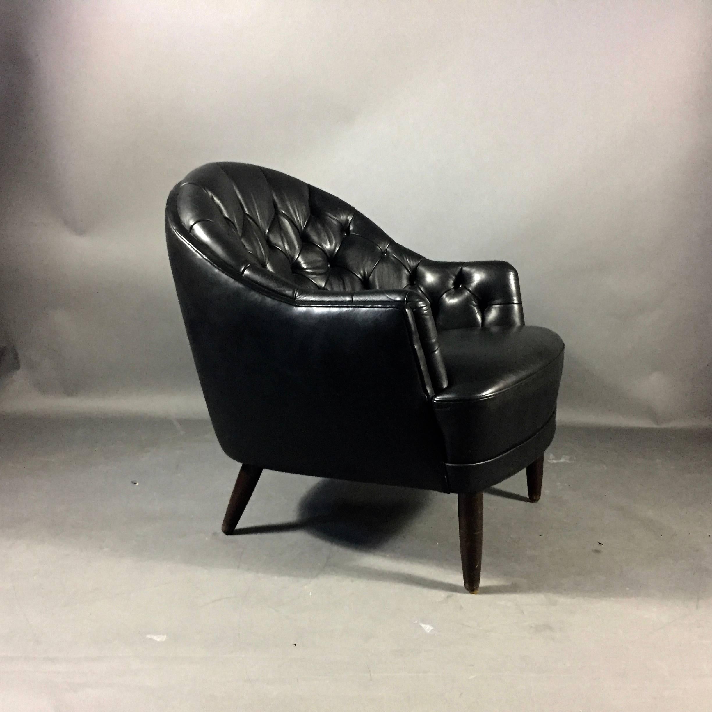 Danish Deep Tufted Black Leather Easy Chair, Late 1960s