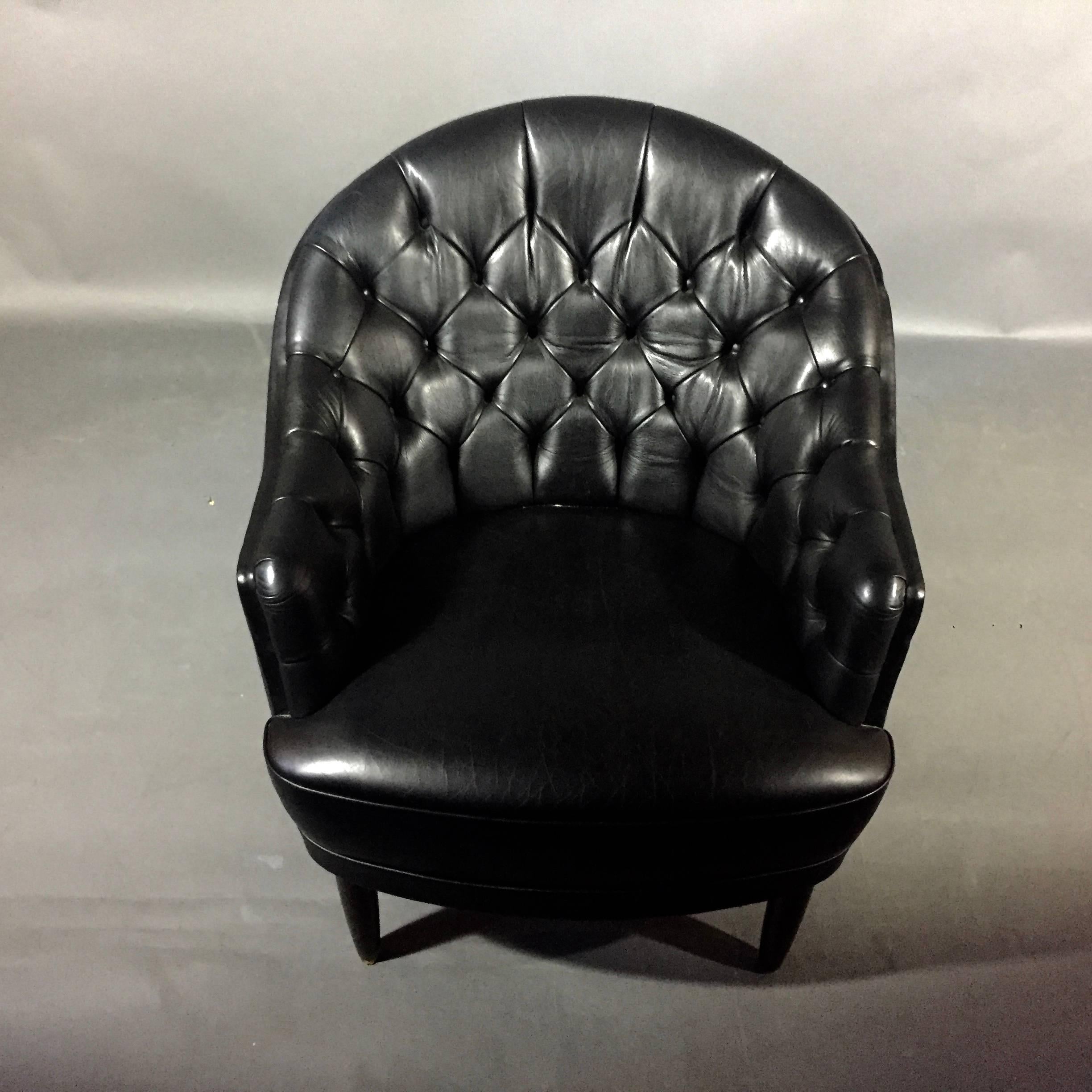 Deep Tufted Black Leather Easy Chair, Late 1960s 1