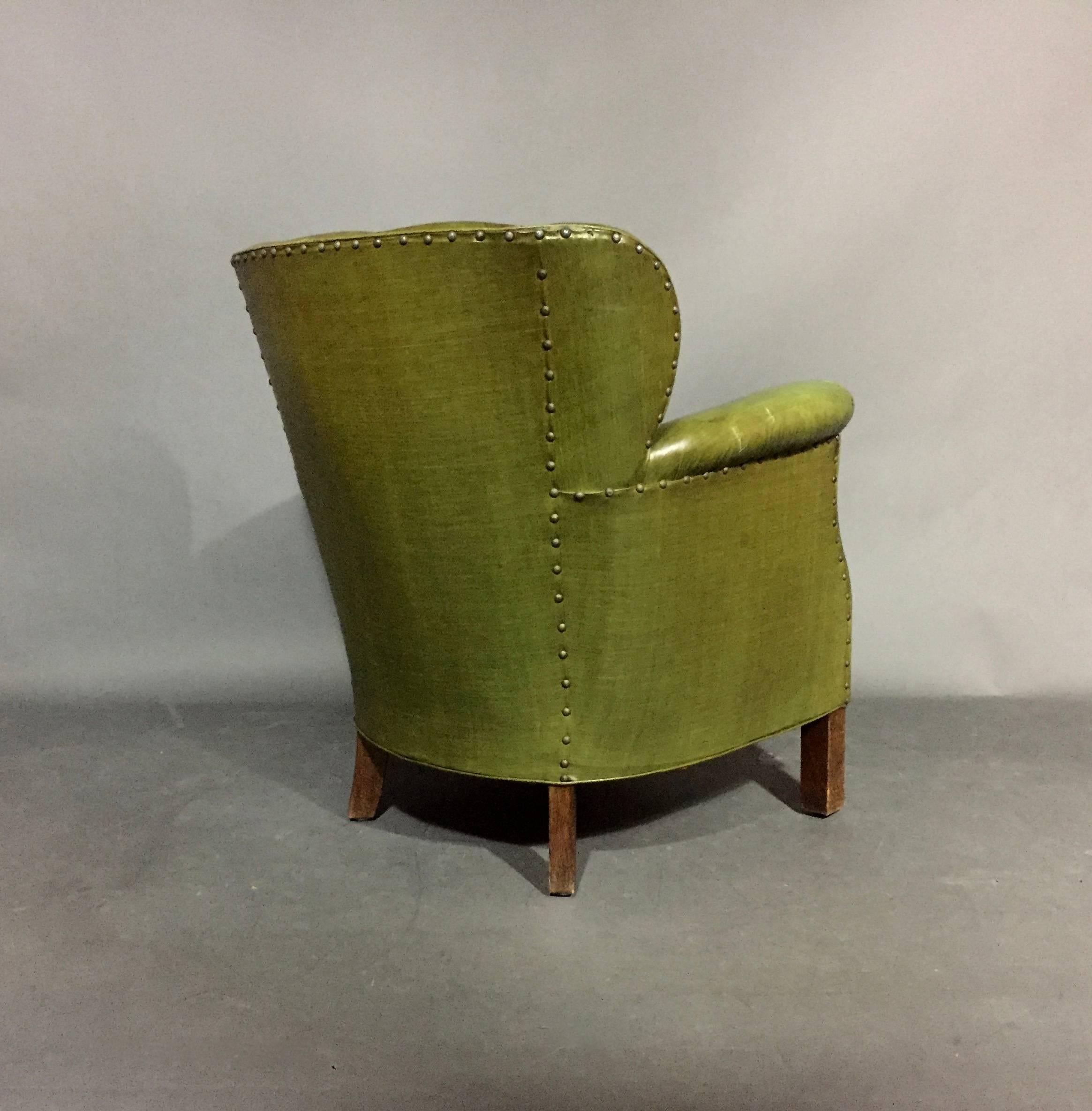 Danish Diminutive Club Chair, Original Green Oil Cloth, 1940s 1