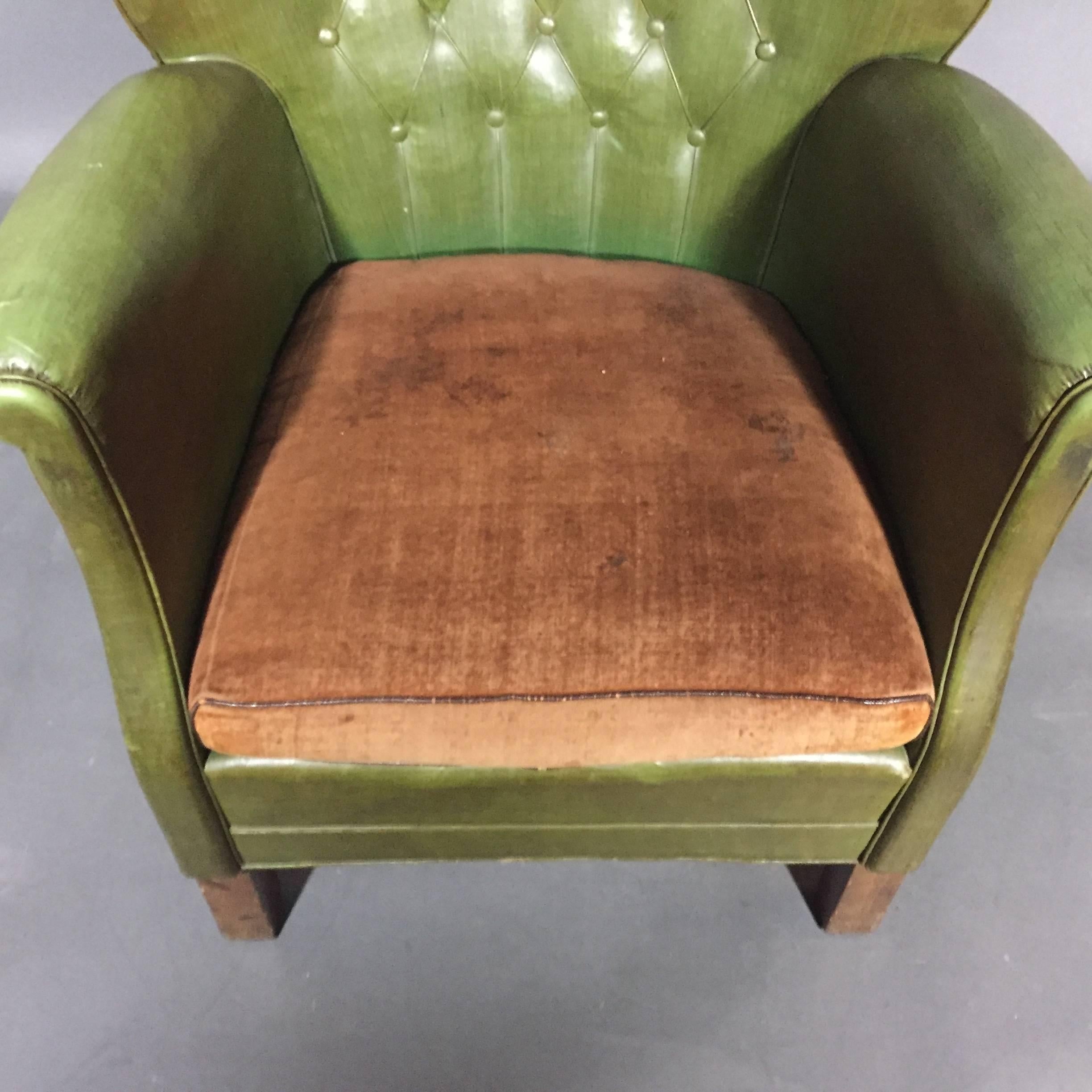 Danish Diminutive Club Chair, Original Green Oil Cloth, 1940s 3