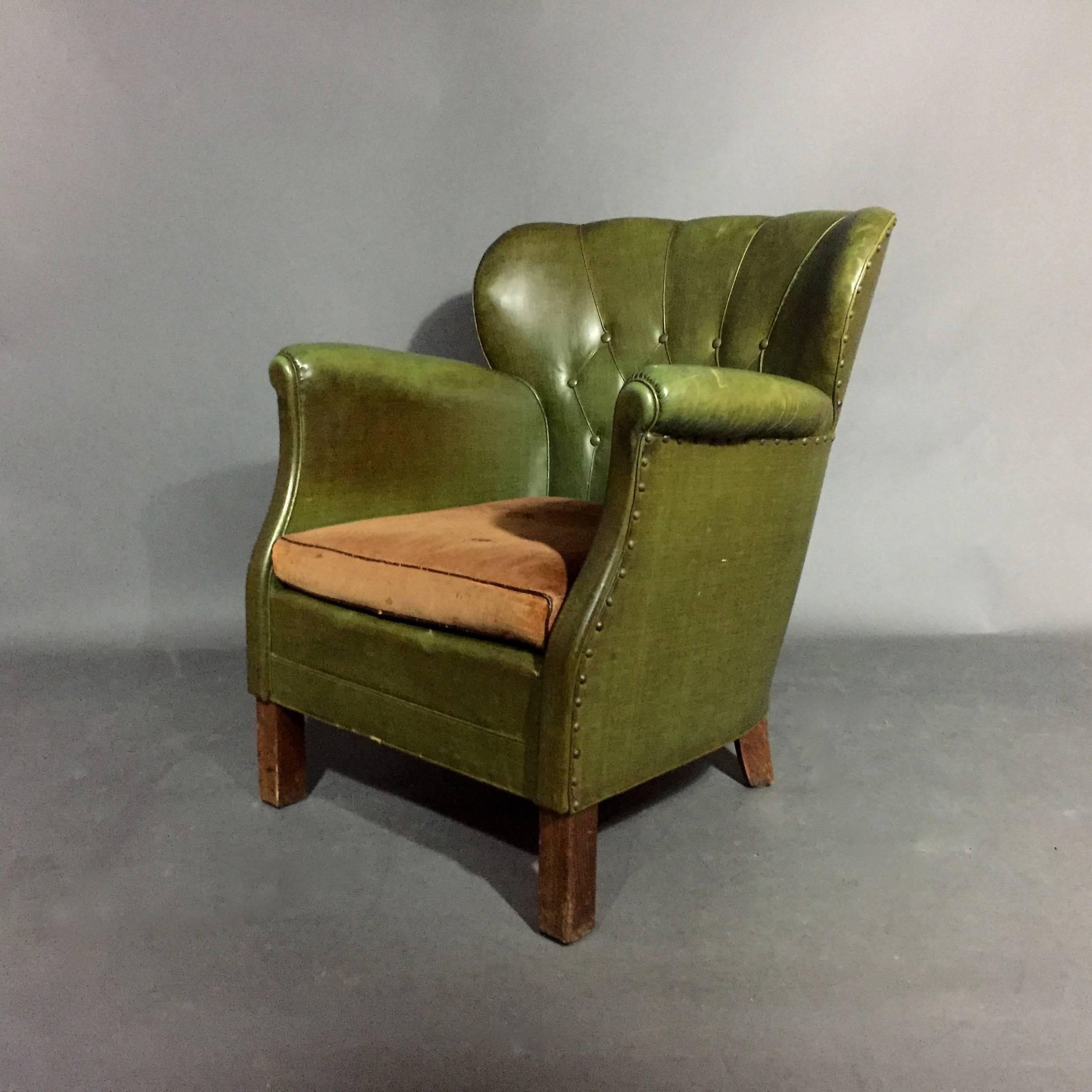 Danish Diminutive Club Chair, Original Green Oil Cloth, 1940s In Good Condition In Hudson, NY