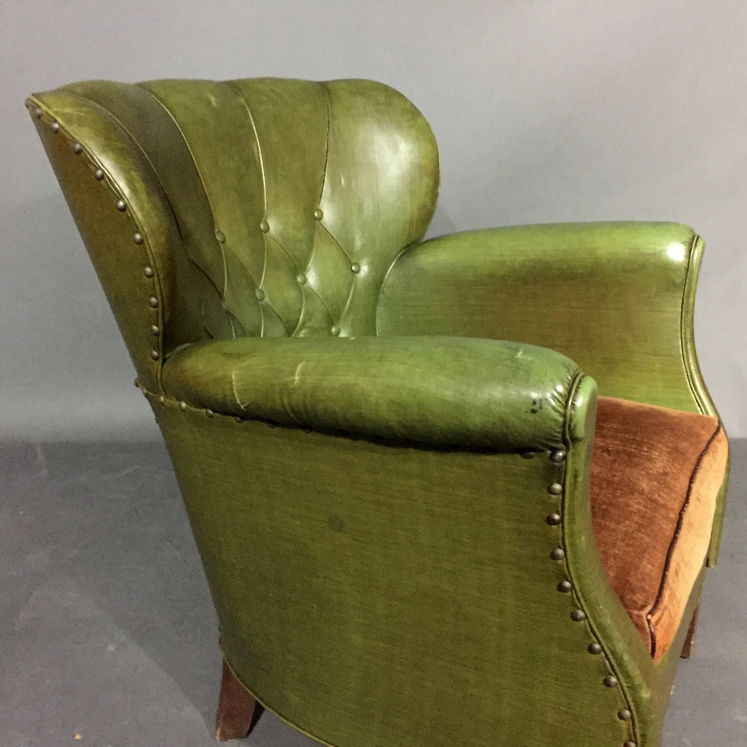Danish Diminutive Club Chair, Original Green Oil Cloth, 1940s 2