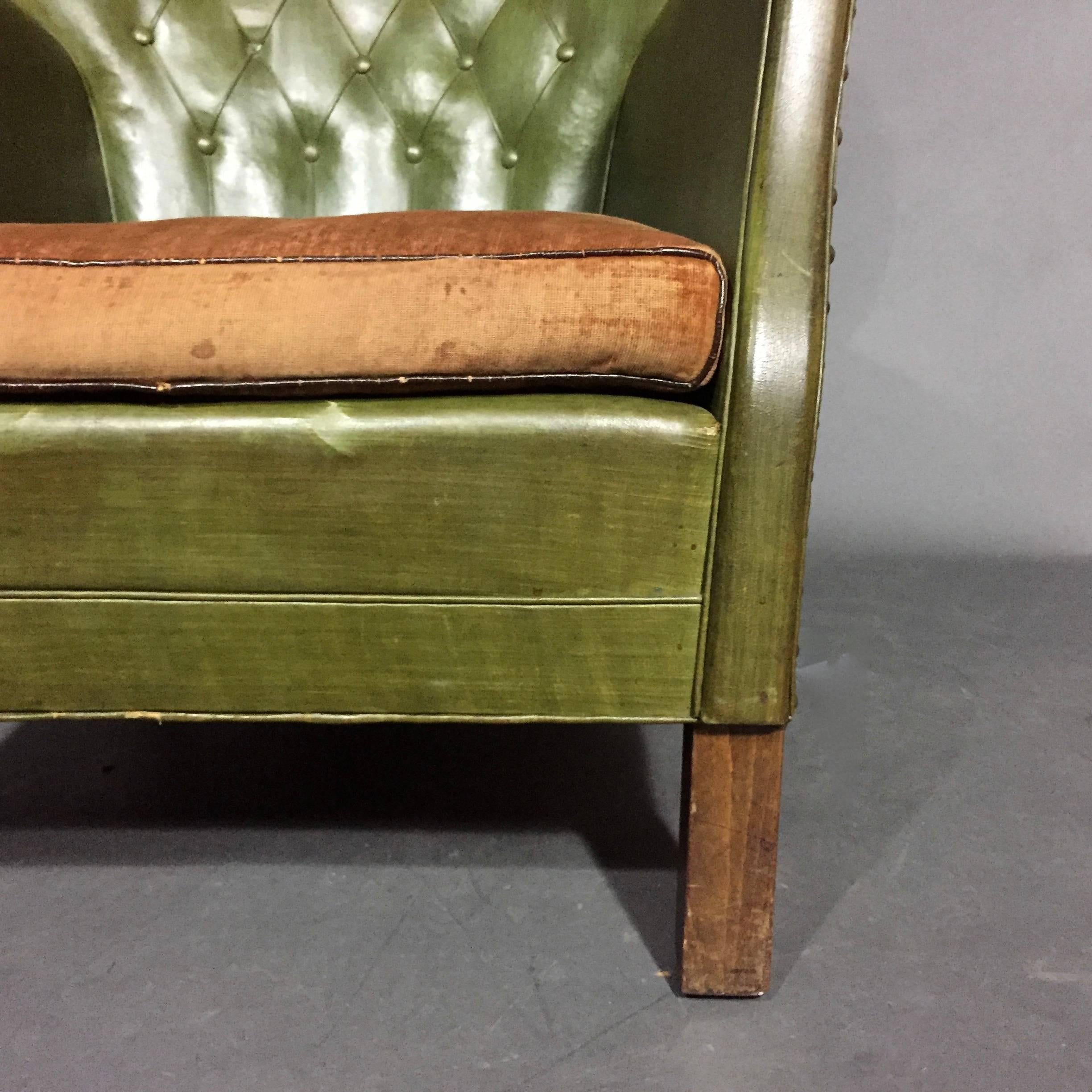Scandinavian Modern Danish Diminutive Club Chair, Original Green Oil Cloth, 1940s