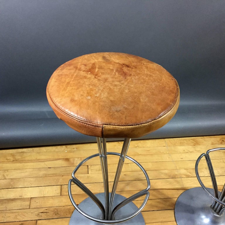 Pair of Piet Hein Original Cognac Leather Bar Stools, Denmark, 1976 For