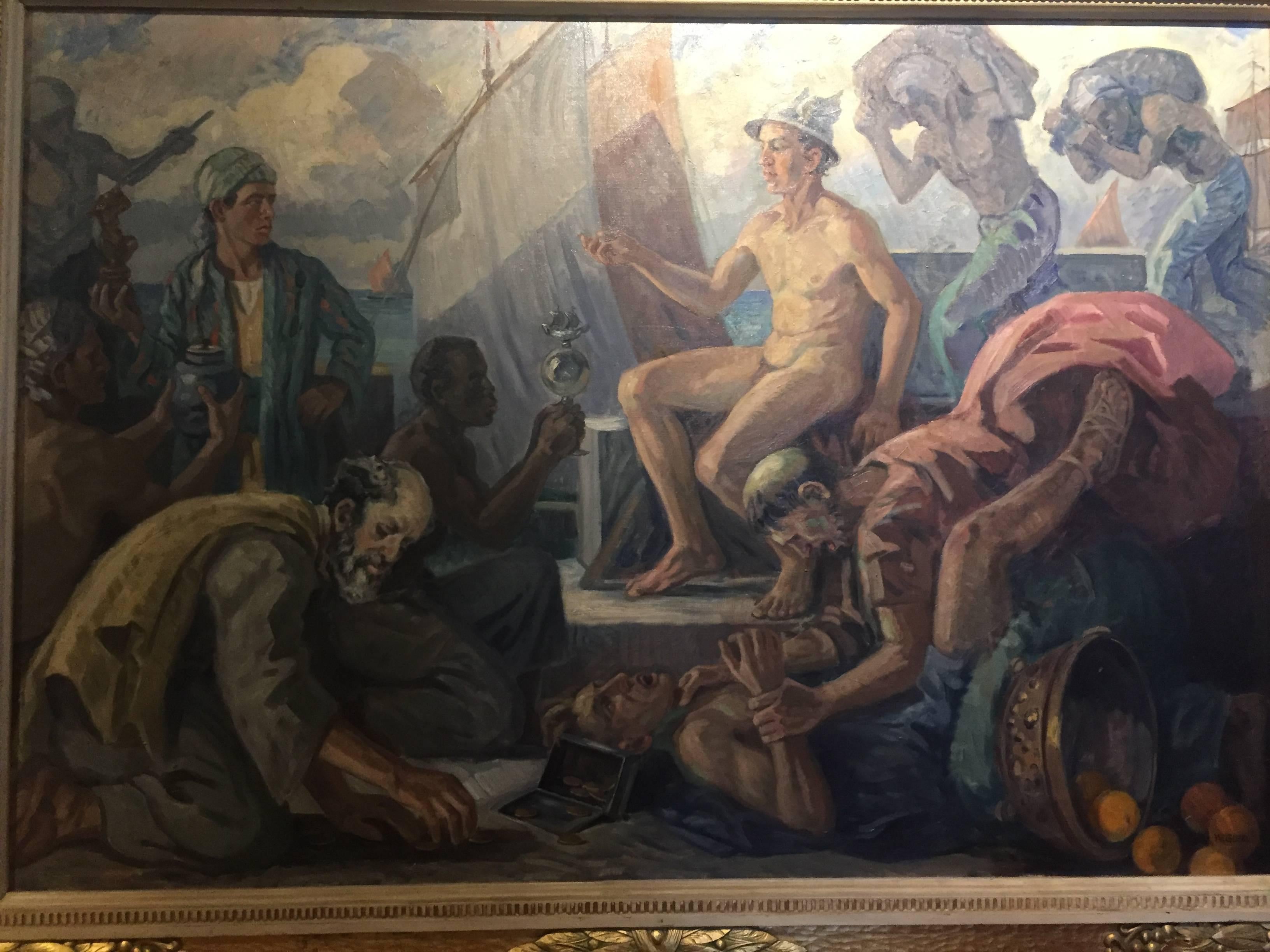 Exceptional size enhances the striking composition by Danish artist Alfred Glud (likely painted circa 1910) of the Olympic Greek god Hermes, the emissary and messenger of the gods and the patron of herdsmen, thieves, graves, and heralds. The scene