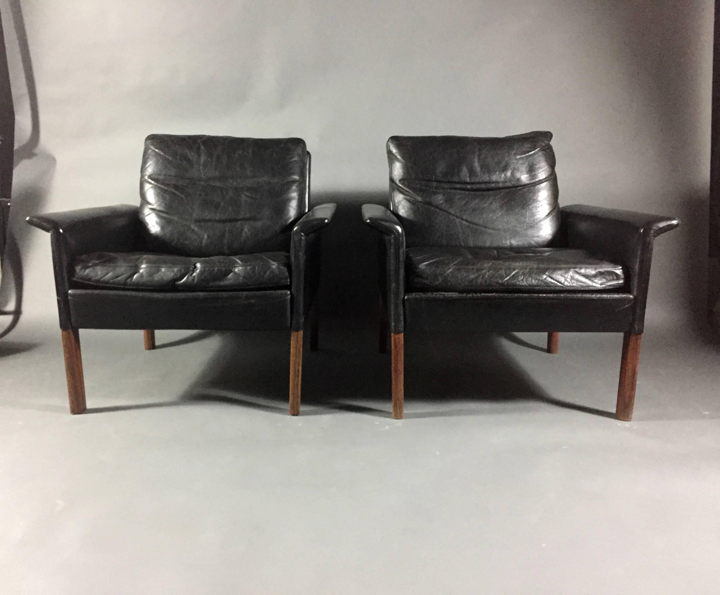Pair of Hans Olsen Leather Lounge Chairs, Denmark, 1960 1