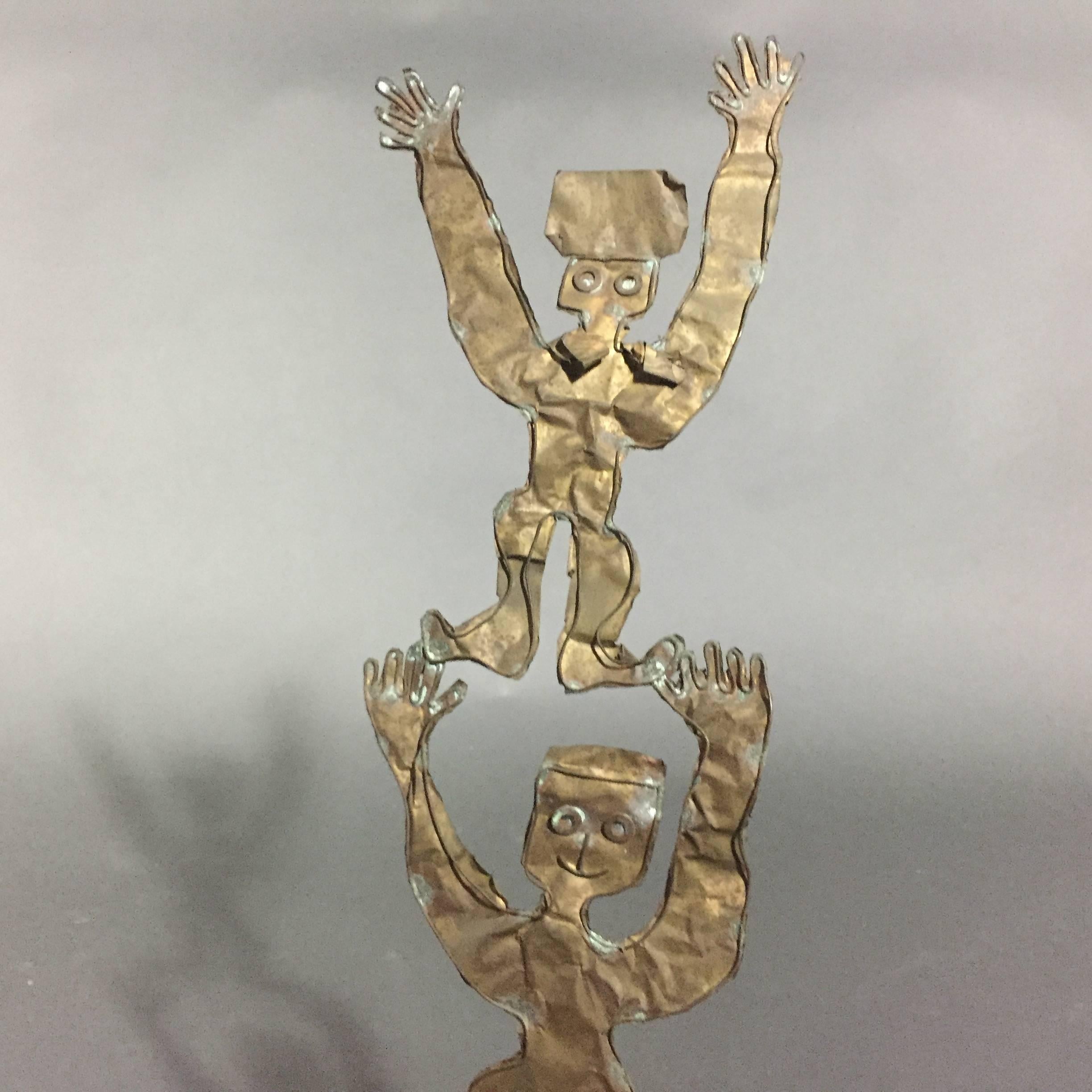 Arts and Crafts 1920s Kinetic Copper Sheet Sculpture of Circus Acrobats For Sale
