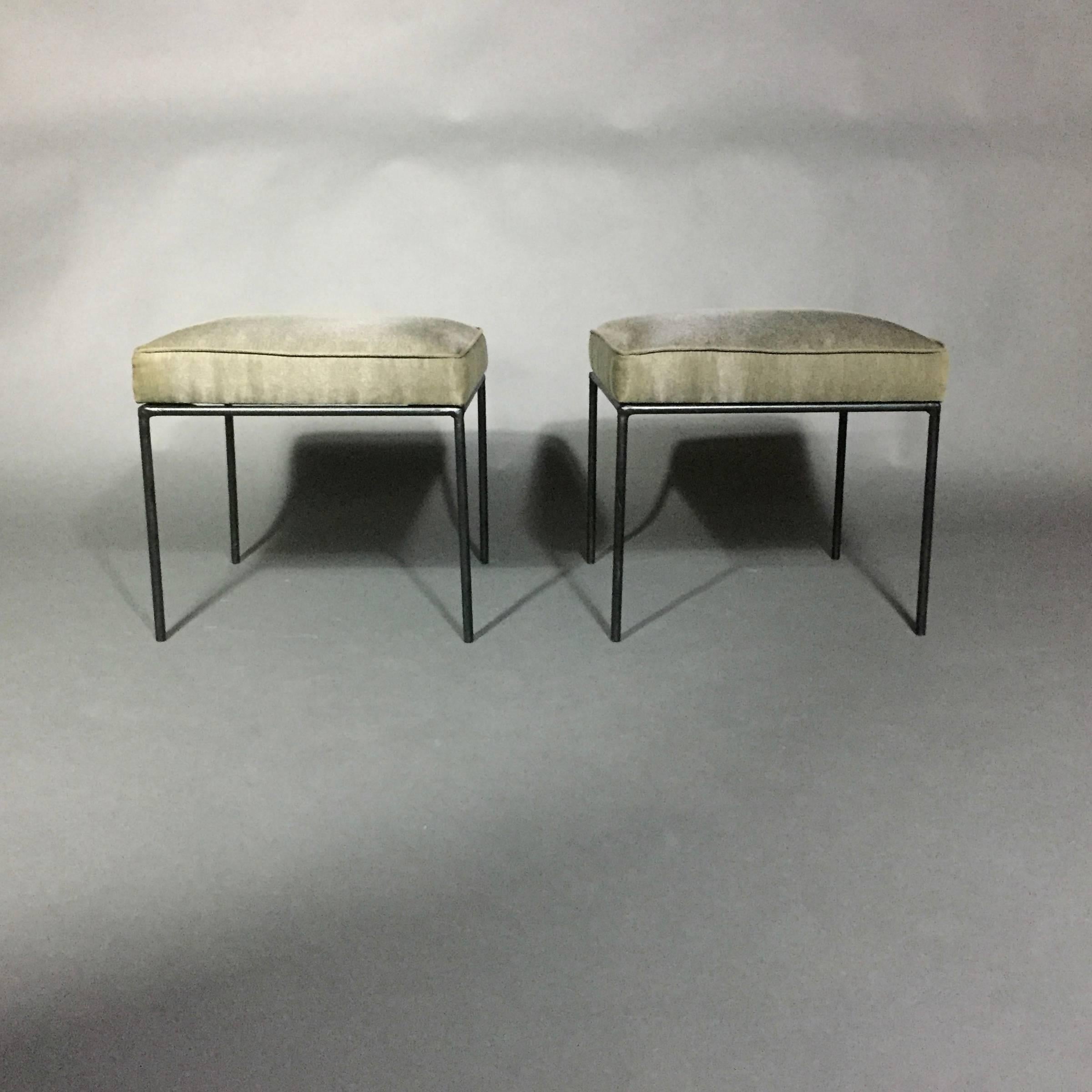 Simple and elegant wrought iron frames are Classic McCobb in this pair of 1950s benches 15 3/4