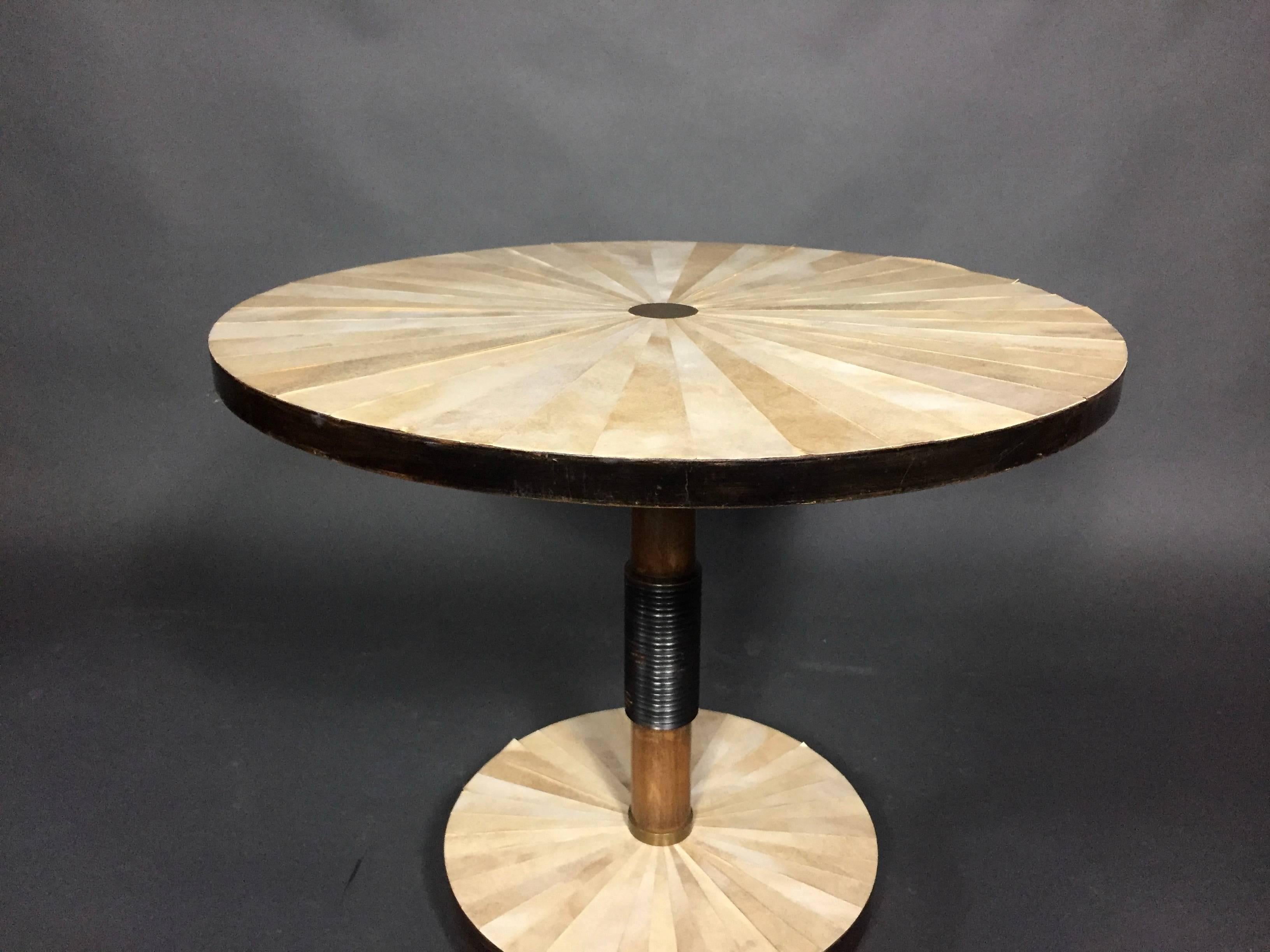 Late 1930s Radiating Parchment and Brass Side Table In Good Condition For Sale In Hudson, NY