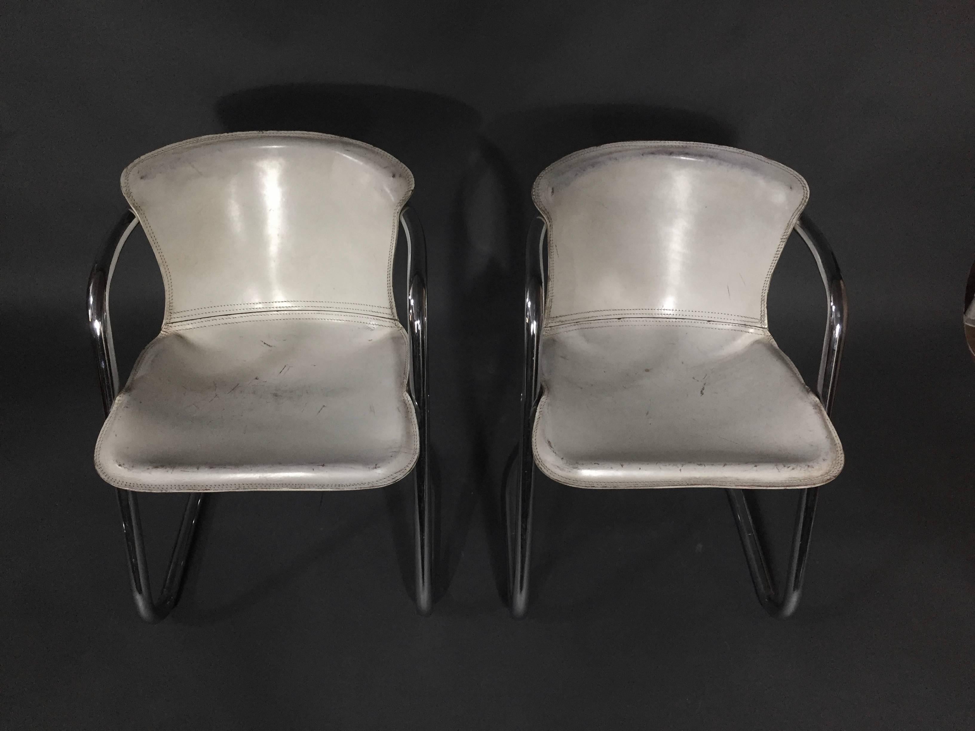 Mid-Century Modern Willy Rizzo White Leather Armchairs, Italy, 1970s