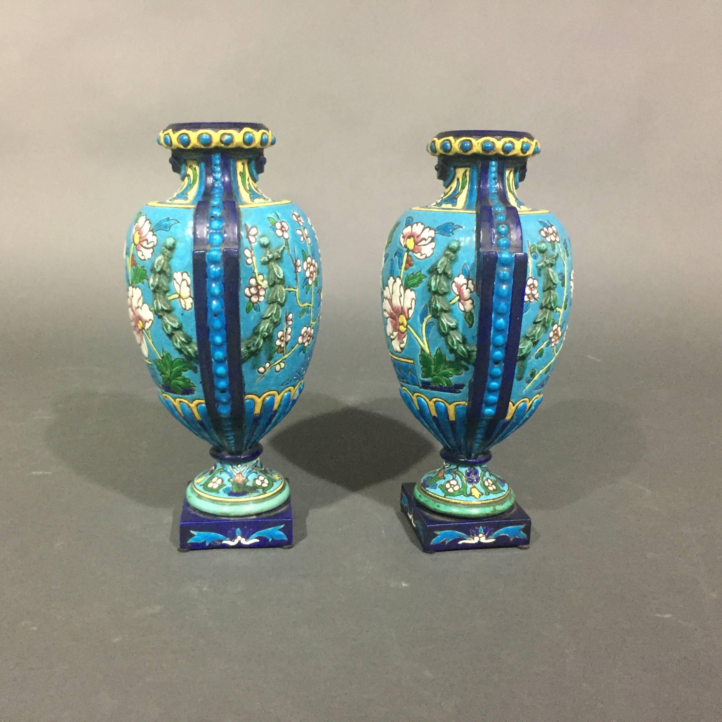 French Pair of Emaux de Longwy Attributed Floral Enameled Vases, France For Sale
