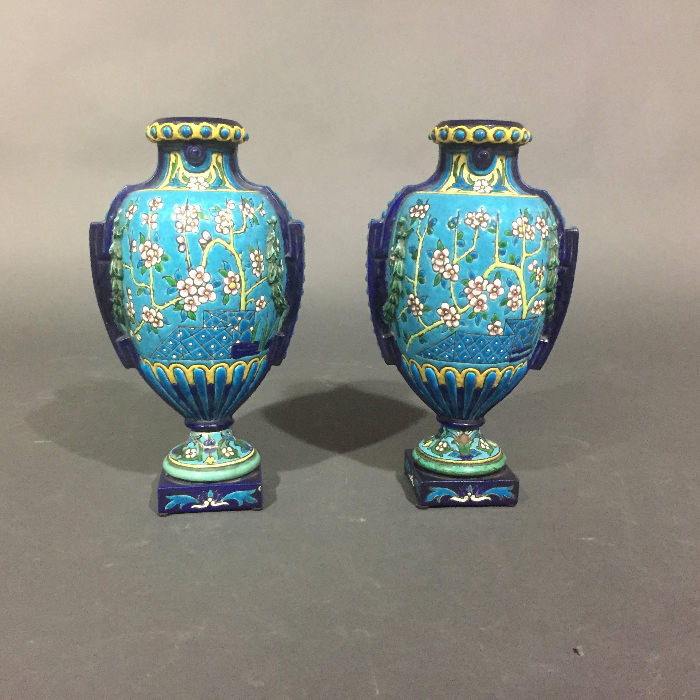Pair of Emaux de Longwy Attributed Floral Enameled Vases, France In Good Condition For Sale In Hudson, NY