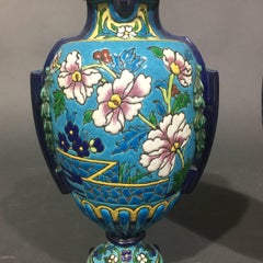 Pair of Emaux de Longwy Attributed Floral Enameled Vases, France