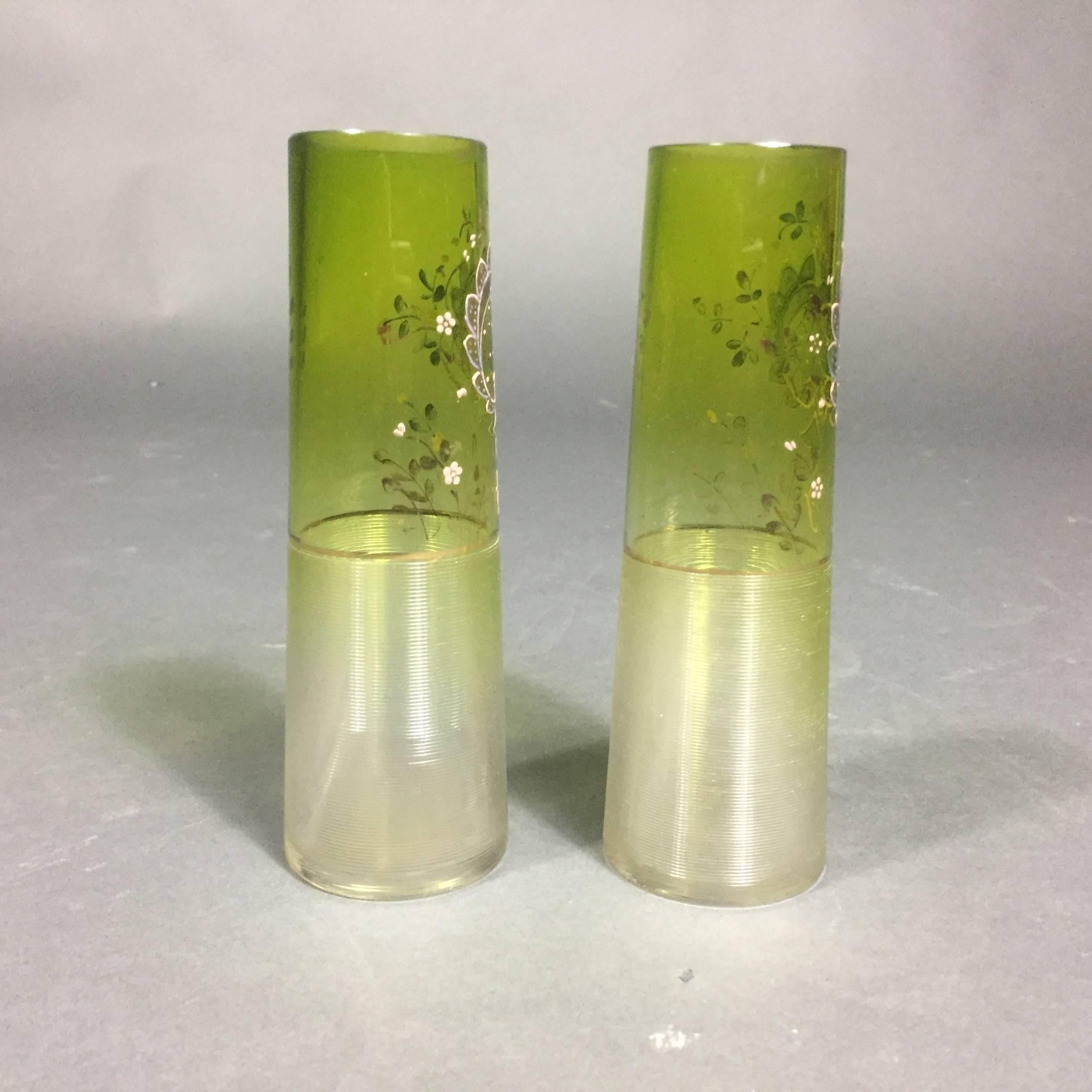 Etched Pair of Bohemian Art Deco Moser Attributed Decorated Bud Vases, 1925 For Sale