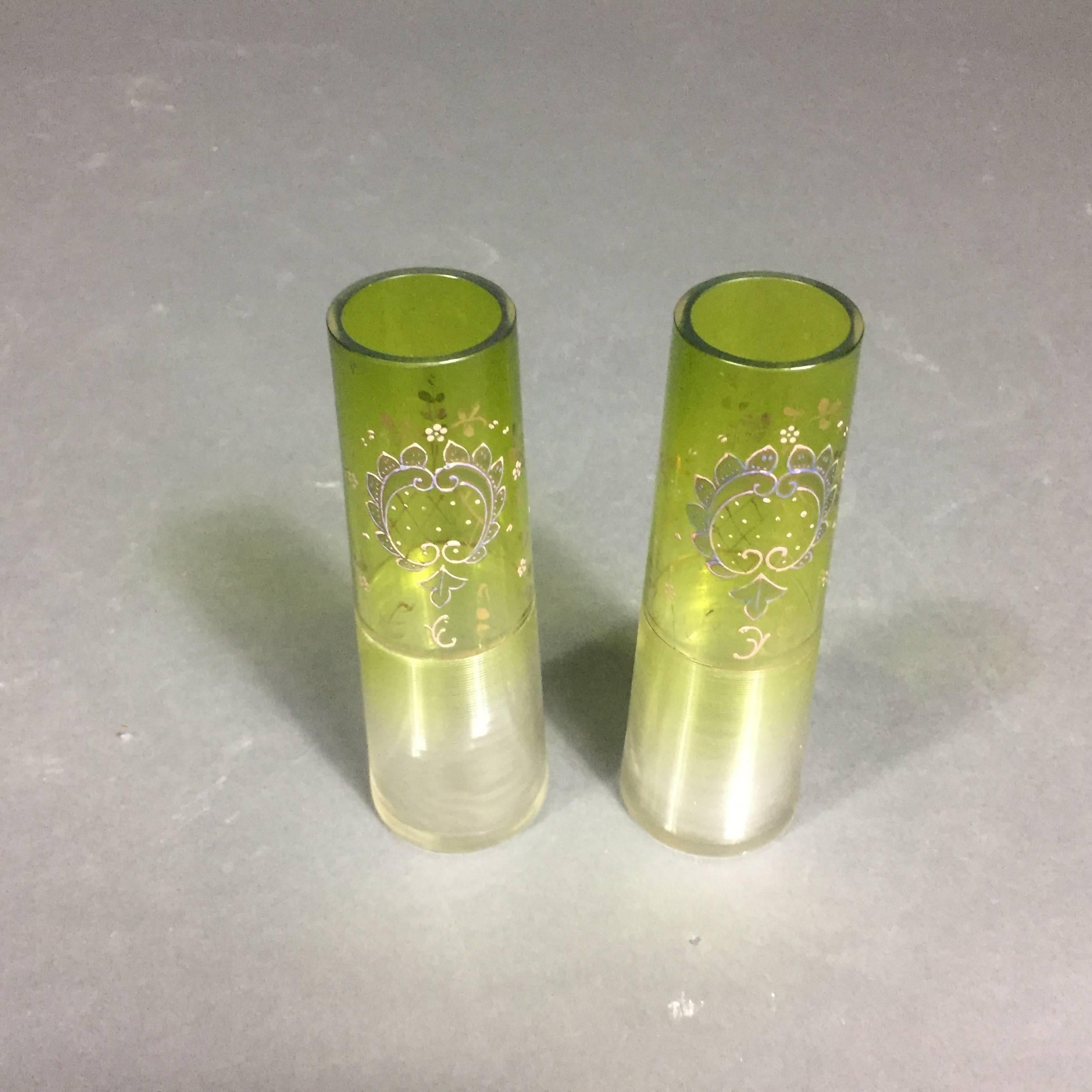 Blown Glass Pair of Bohemian Art Deco Moser Attributed Decorated Bud Vases, 1925 For Sale