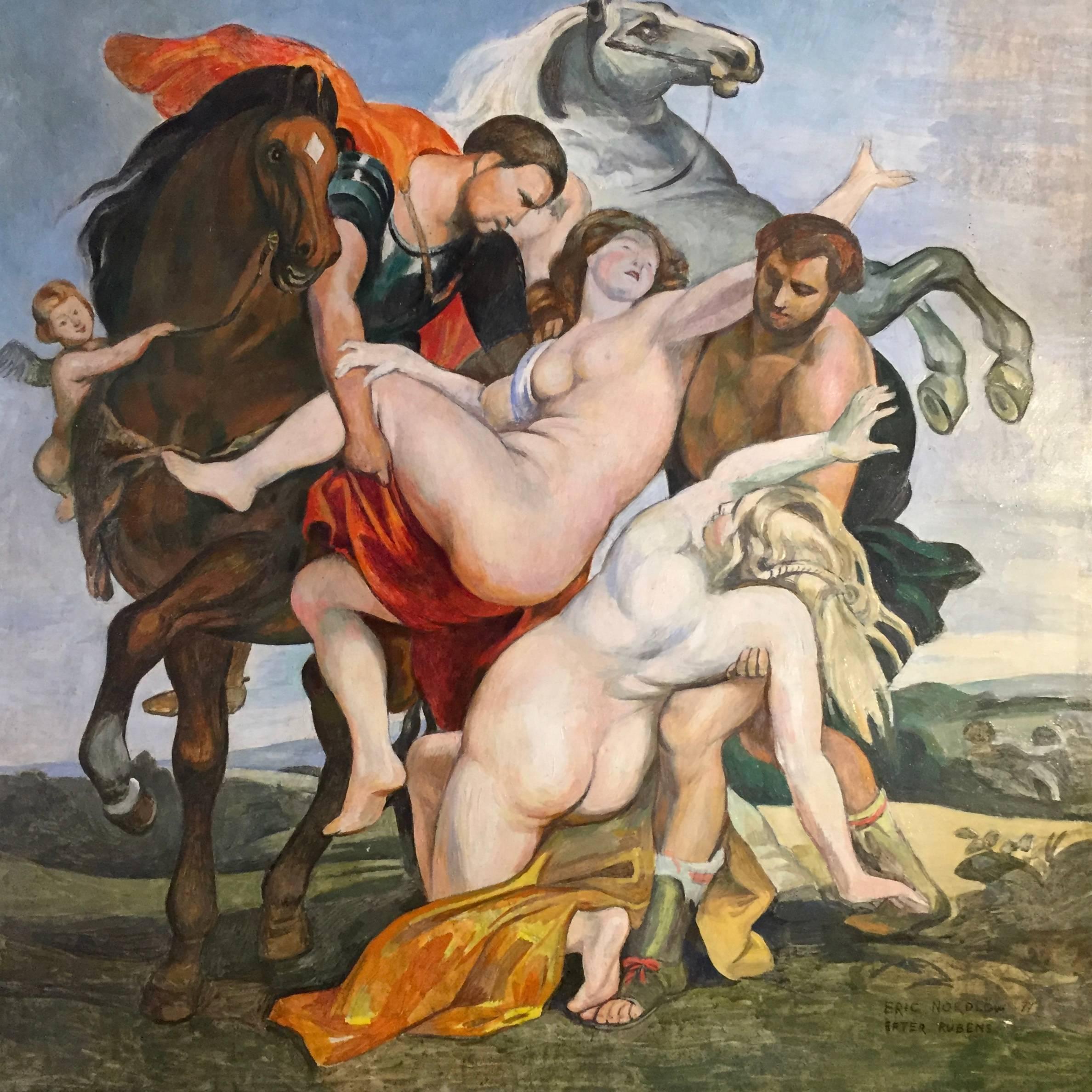 Eric Nordlöw (1908-1983) beautifully executed this painting in 1977 and is referenced after masterpiece by Peter Paul Rubens (1577-1640) titled The Descent of the Daughters of Leucippus painted in 1618, now on show in the Alte Pinakothek in Munich.
