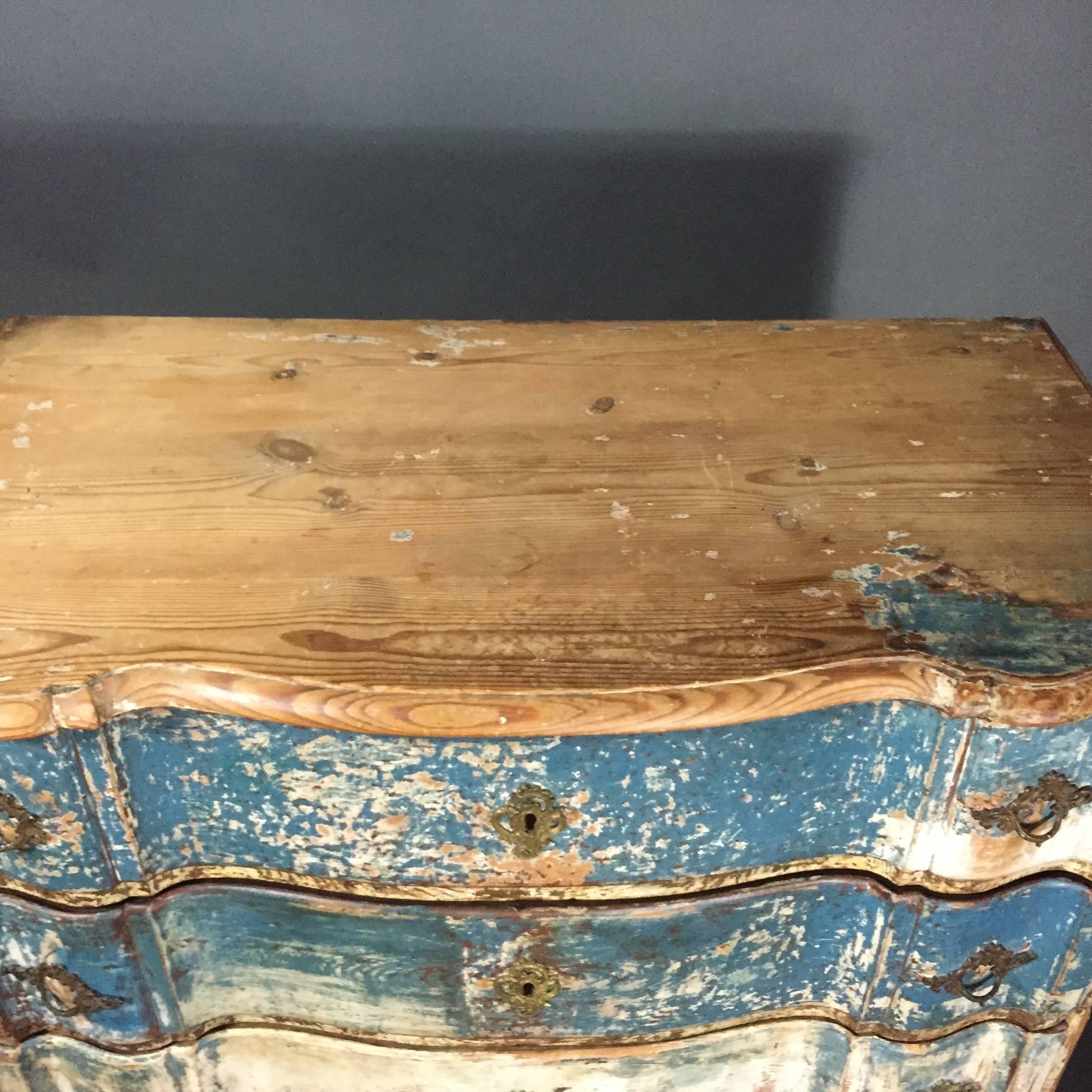 Brass Late 18th Century Painted Baroque Chest of Drawers, Denmark