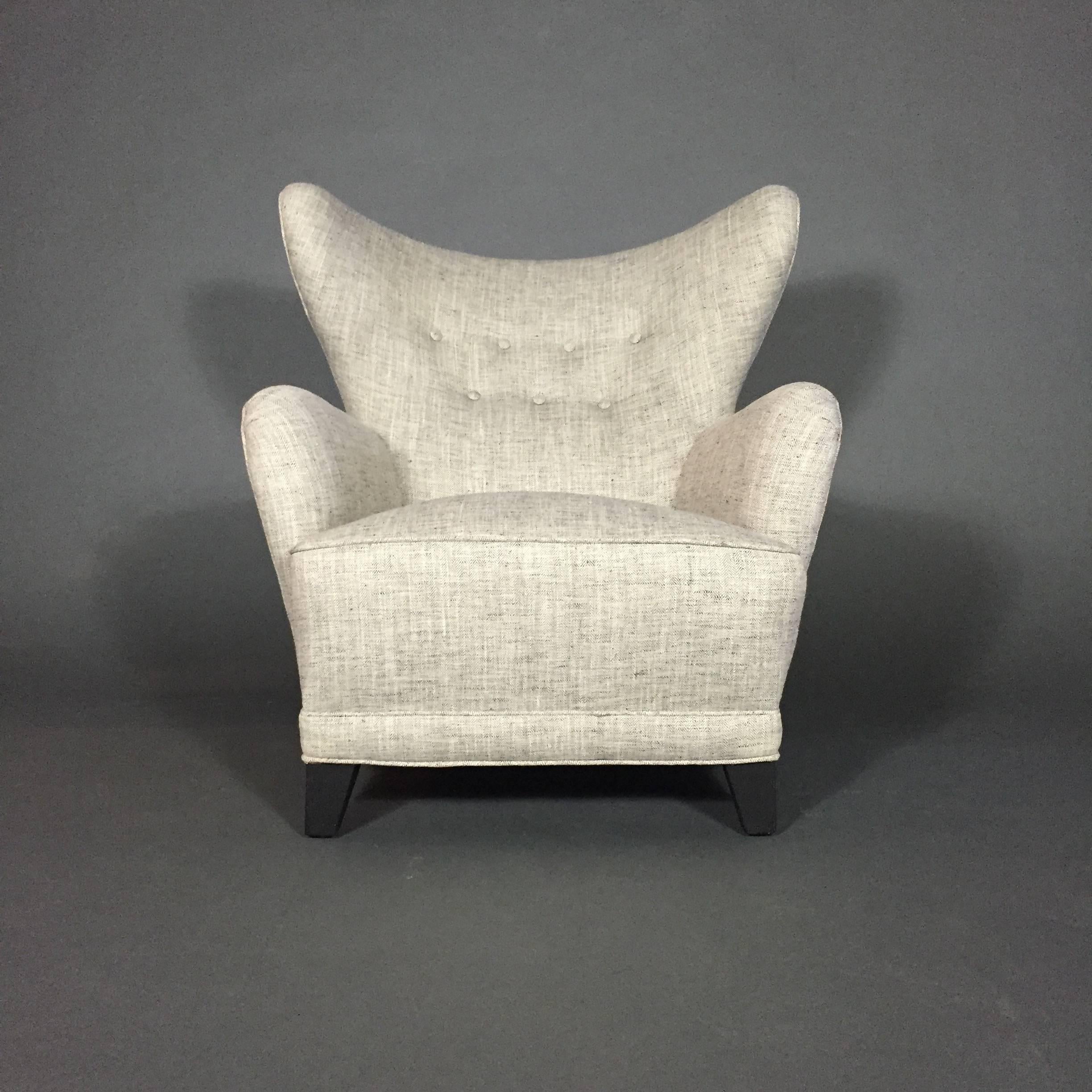 Danish Upholstered Button-Tufted Winged Armchair, Denmark, 1940s