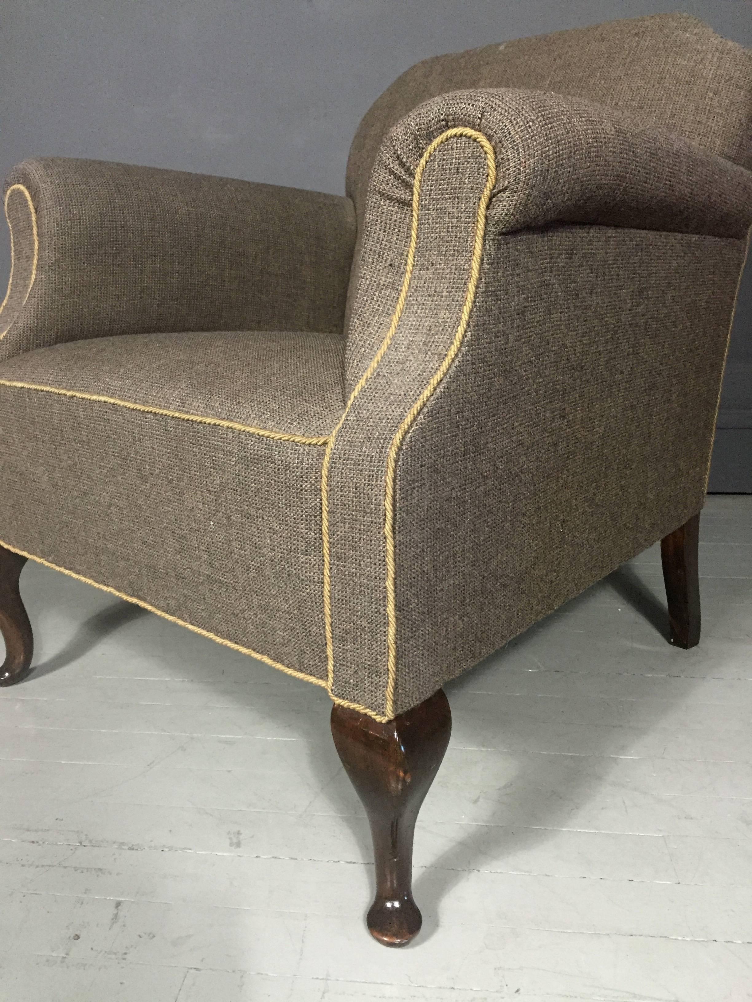 Queen Anne English Wool Upholstered Armchair, Cabriole Legs, 1940s