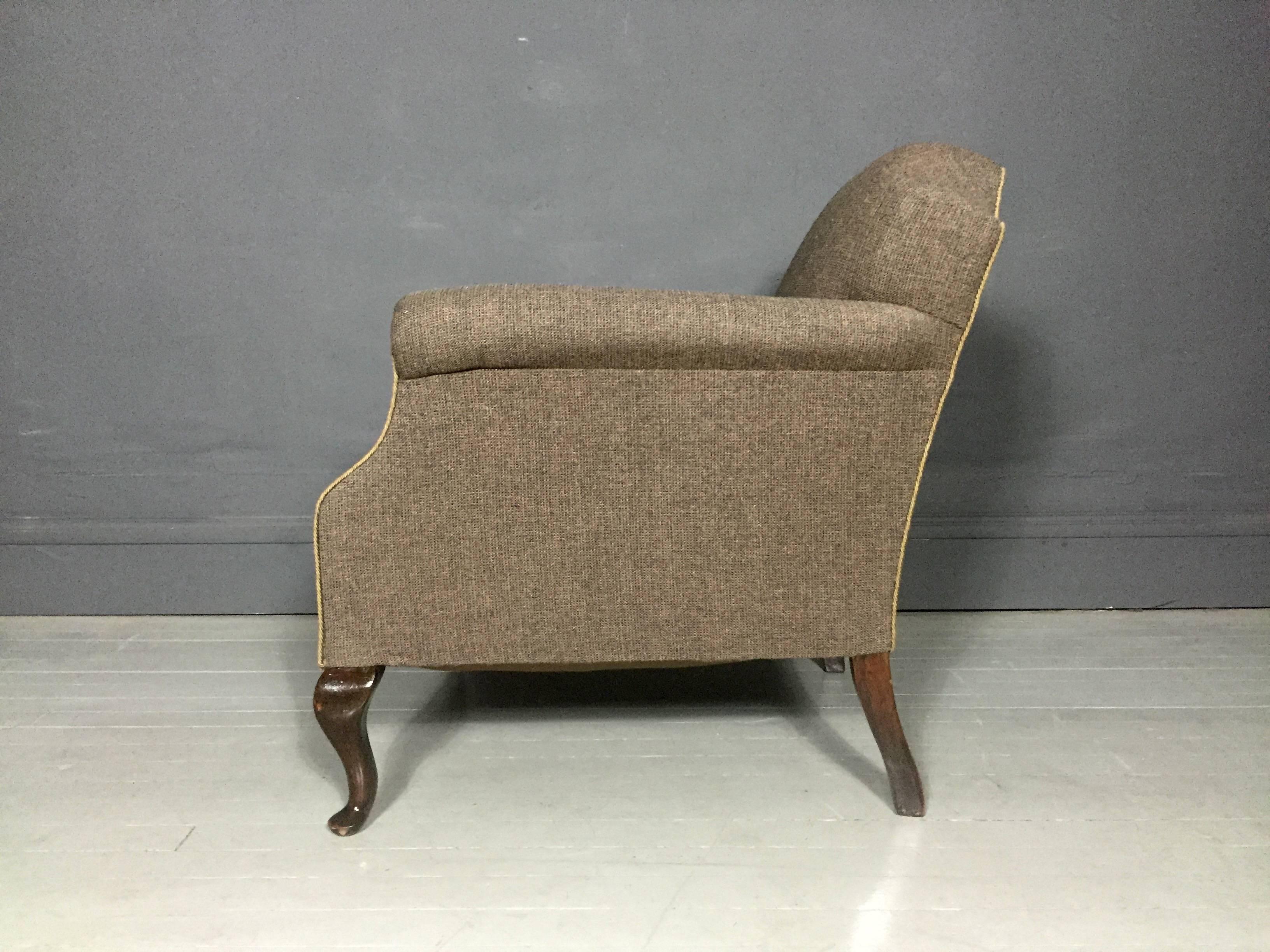 Mahogany English Wool Upholstered Armchair, Cabriole Legs, 1940s