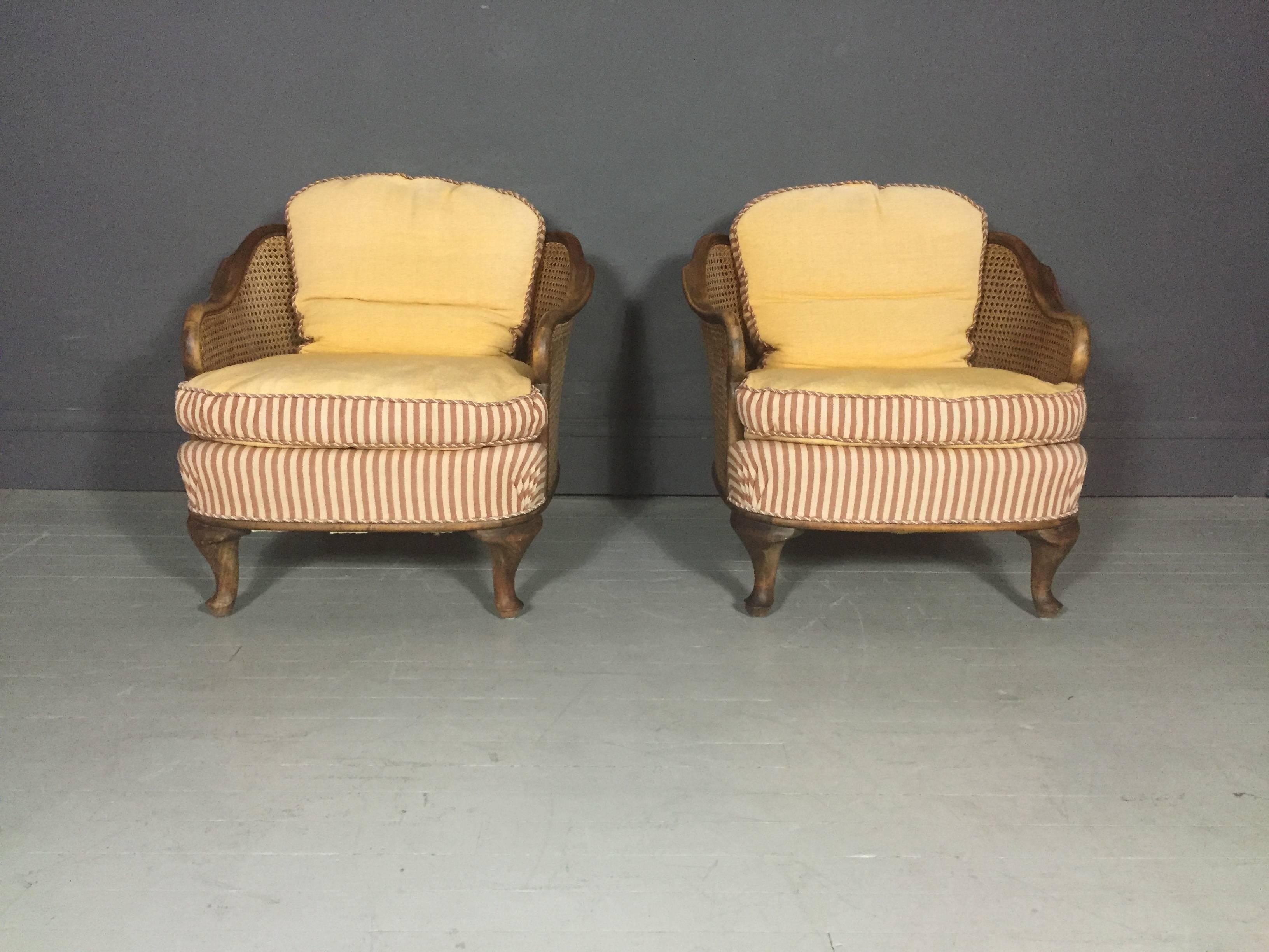 Swedish Pair of Bergere Tub Chairs, Walnut and Cane, Sweden, 1930s