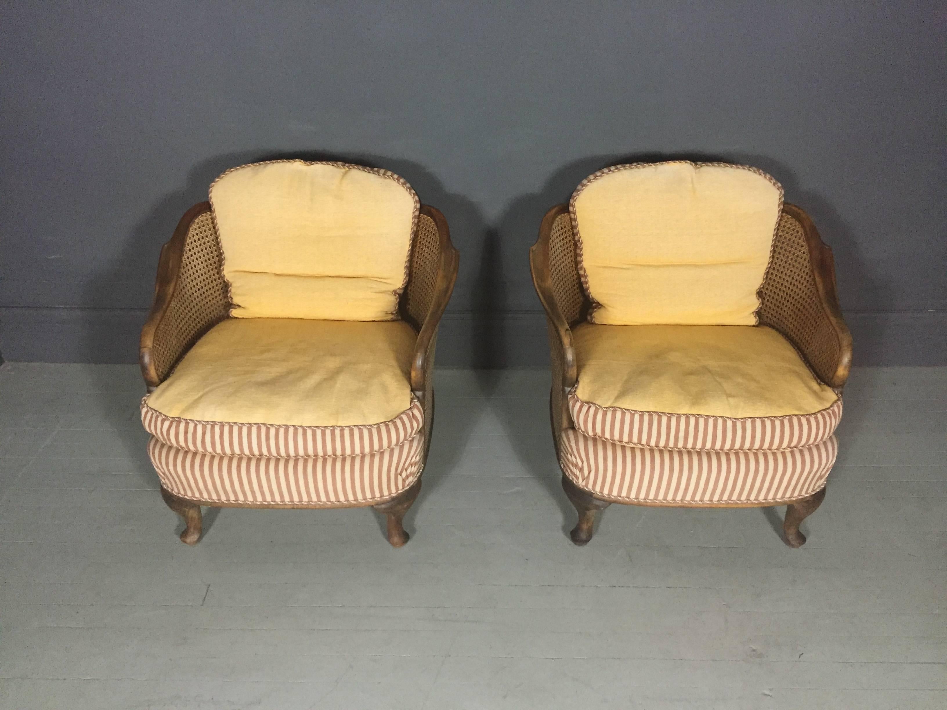 Rococo Pair of Bergere Tub Chairs, Walnut and Cane, Sweden, 1930s