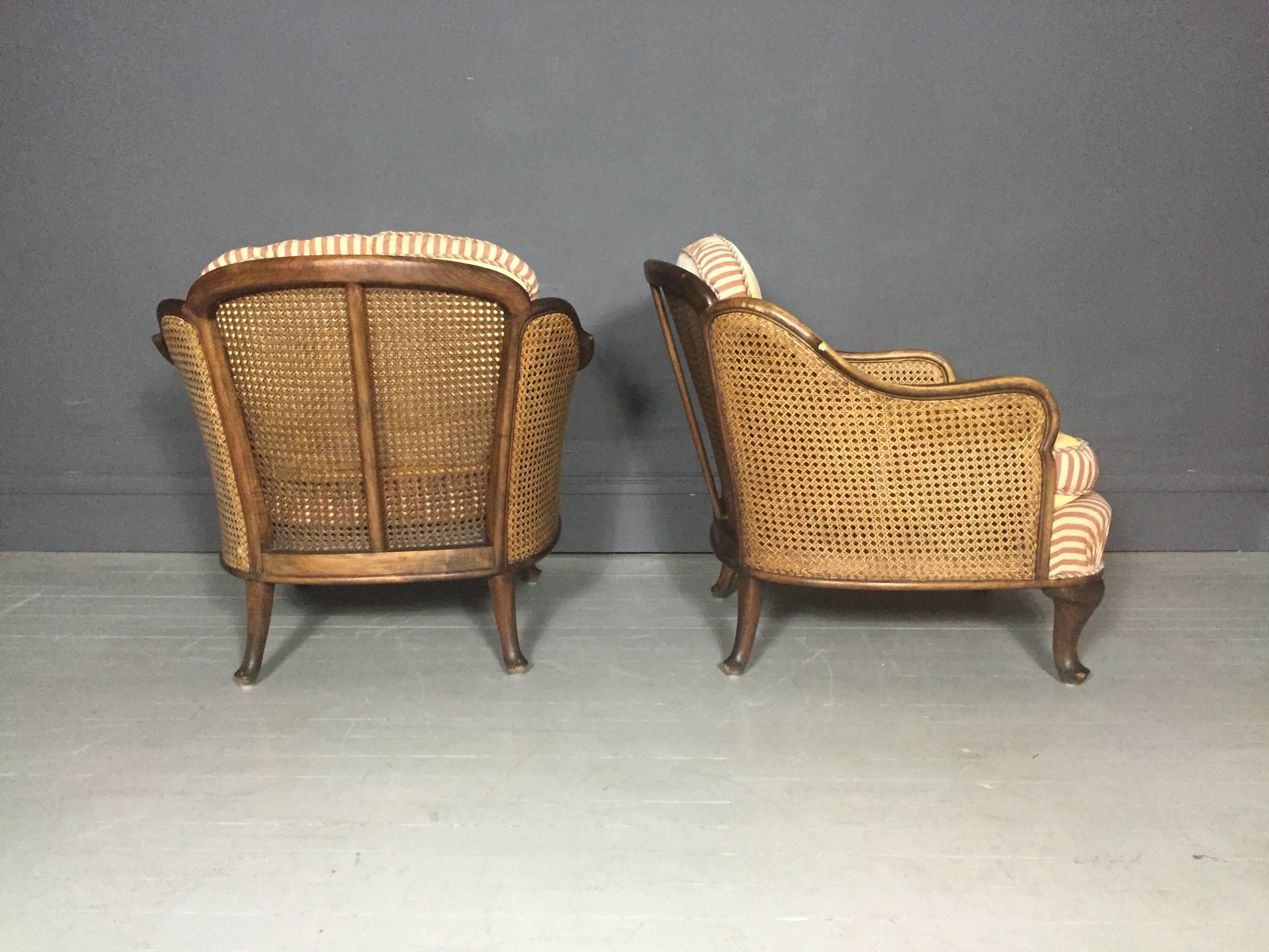 Woven Pair of Bergere Tub Chairs, Walnut and Cane, Sweden, 1930s
