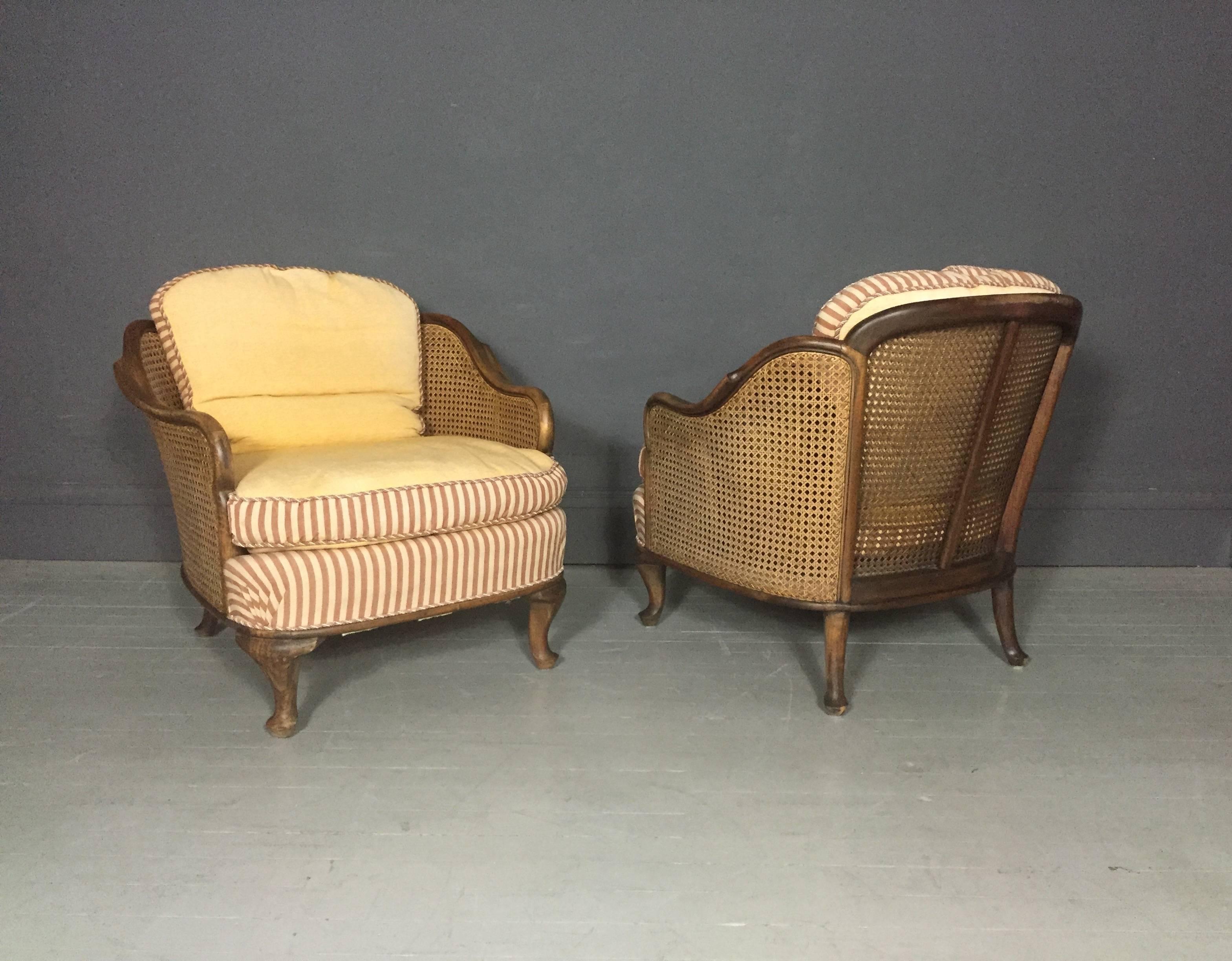 Pair of Bergere Tub Chairs, Walnut and Cane, Sweden, 1930s In Good Condition In Hudson, NY