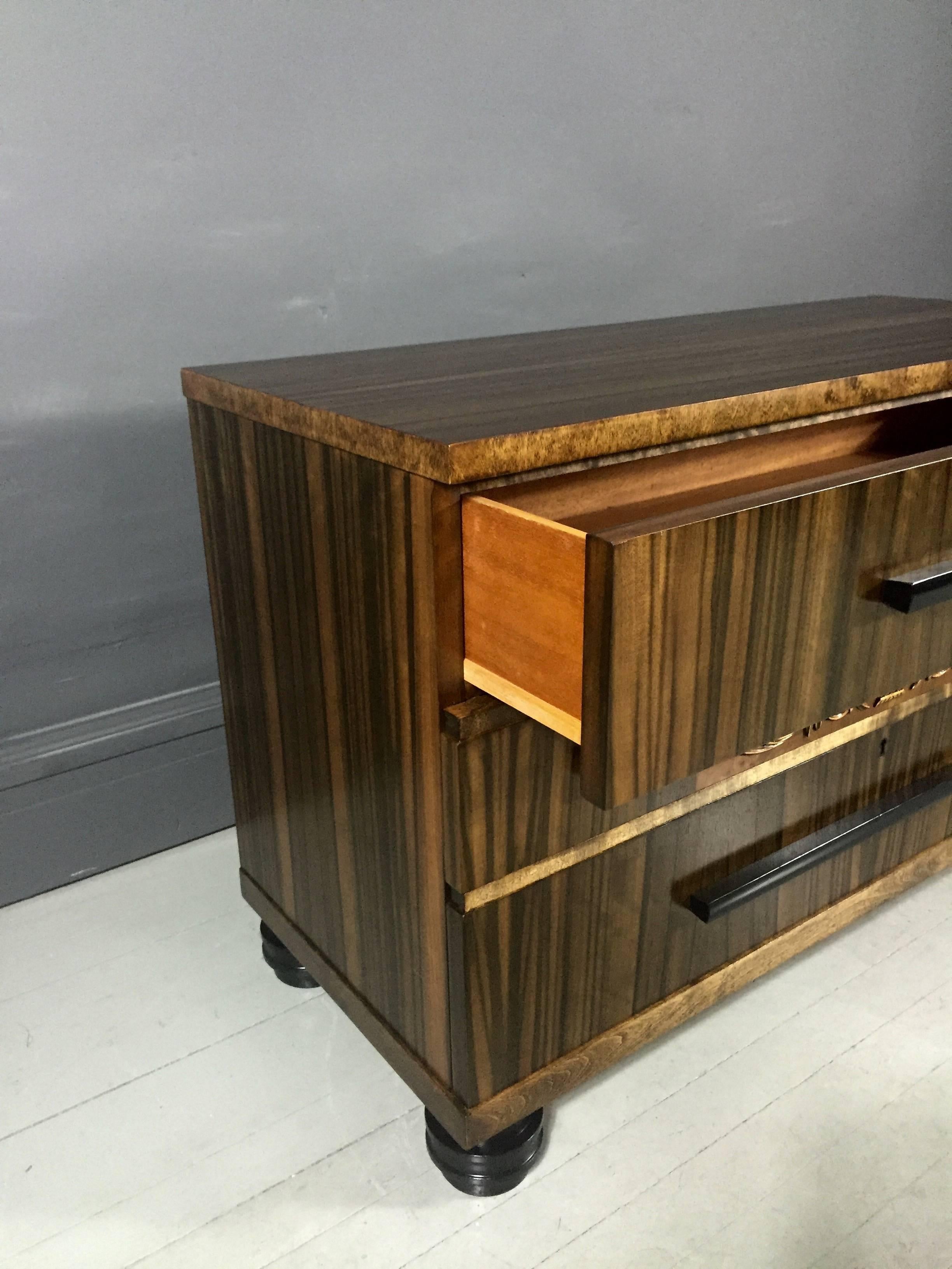 Zebrano Veneered Bureau W/Applied Metal Decoration, Italy, 1920s In Excellent Condition In Hudson, NY