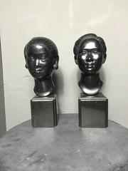 Pair of Bronze Vietnamese Geisha Head Sculptures on Wood Base, Mid-Century