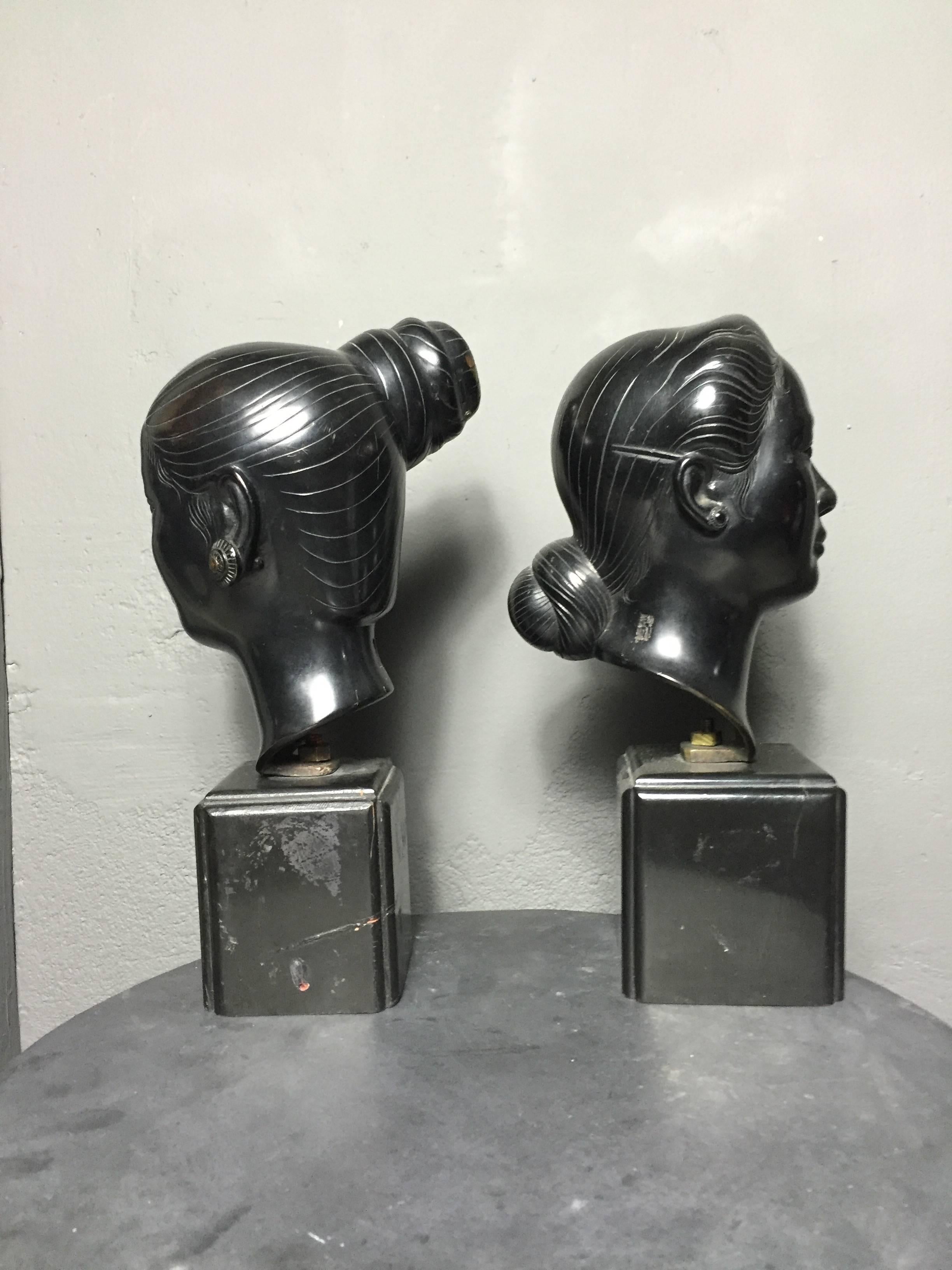 French Provincial Pair of Bronze Vietnamese Geisha Head Sculptures on Wood Base, Mid-Century