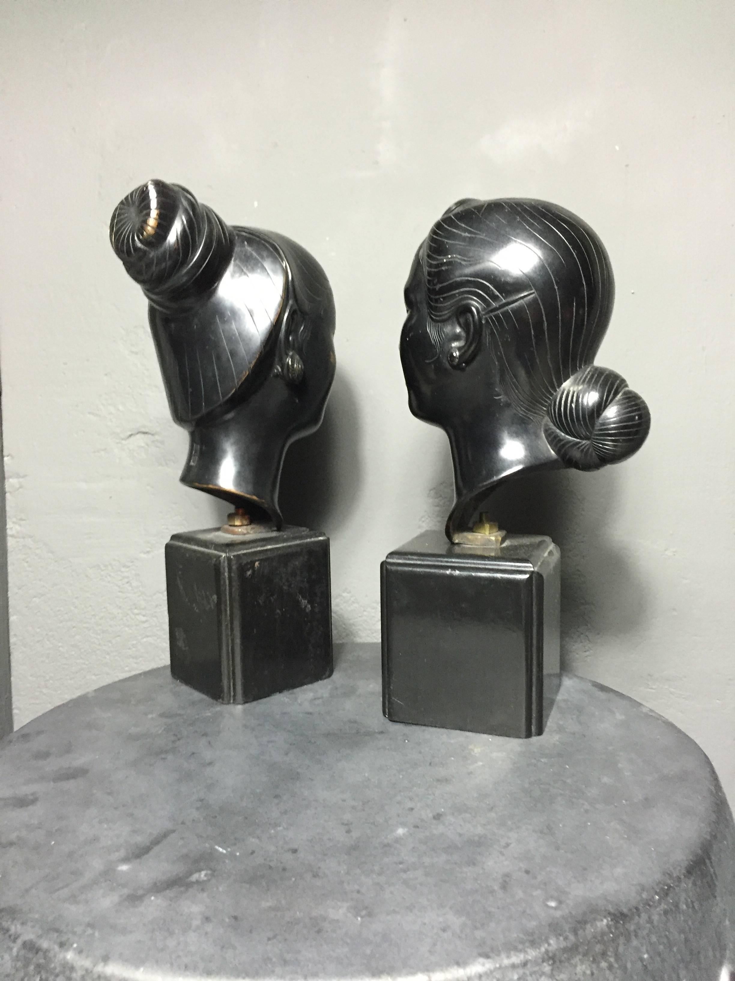 Pair of Bronze Vietnamese Geisha Head Sculptures on Wood Base, Mid-Century In Good Condition In Hudson, NY