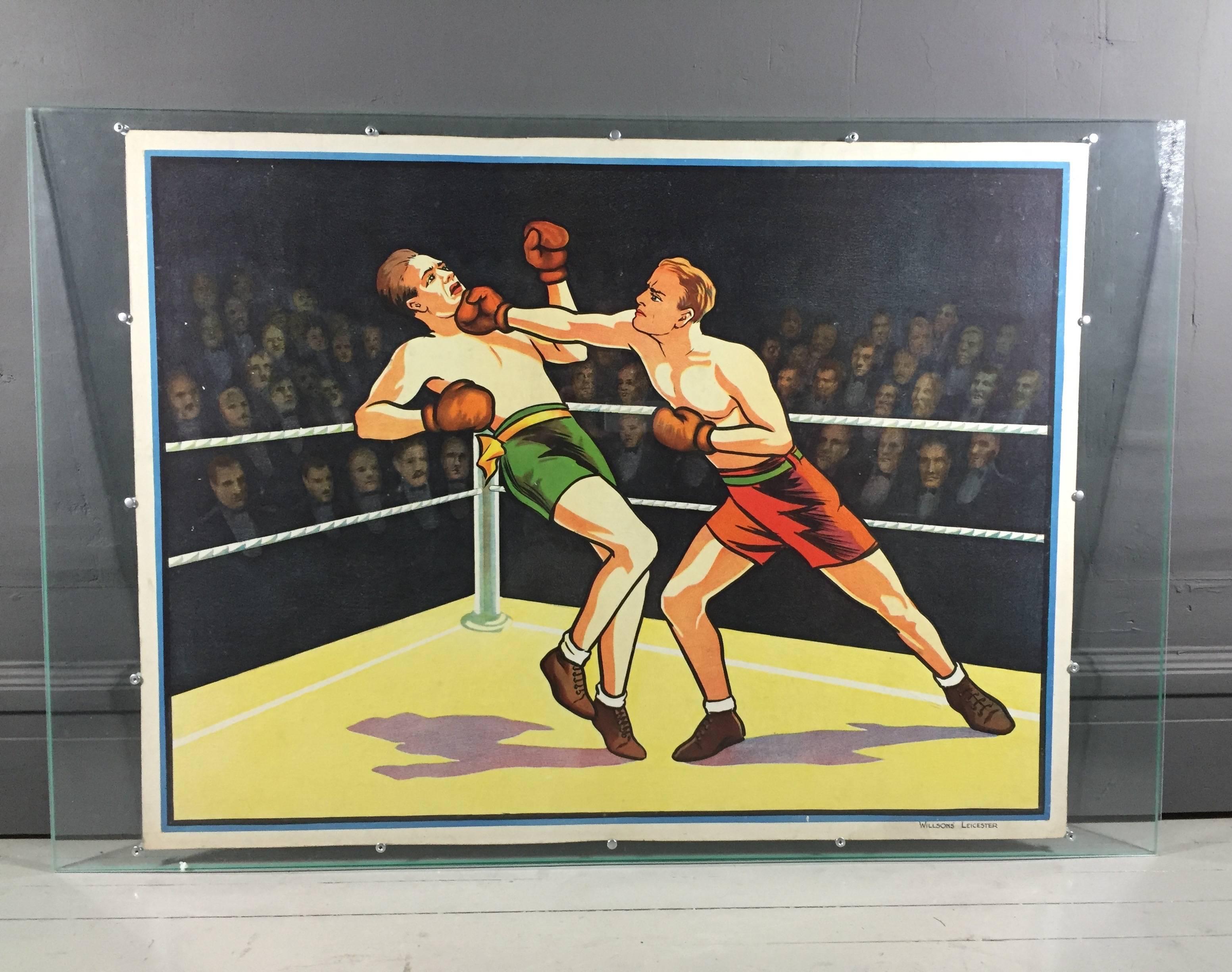 Spectacular lithograph of two boxers printed by Willsons' Leicester in England printed late 1930s or early 1940s. Excellent condition of print mounted on pressed paperboard. Framed between two very heavy sheets of plexiglass and supported with 16