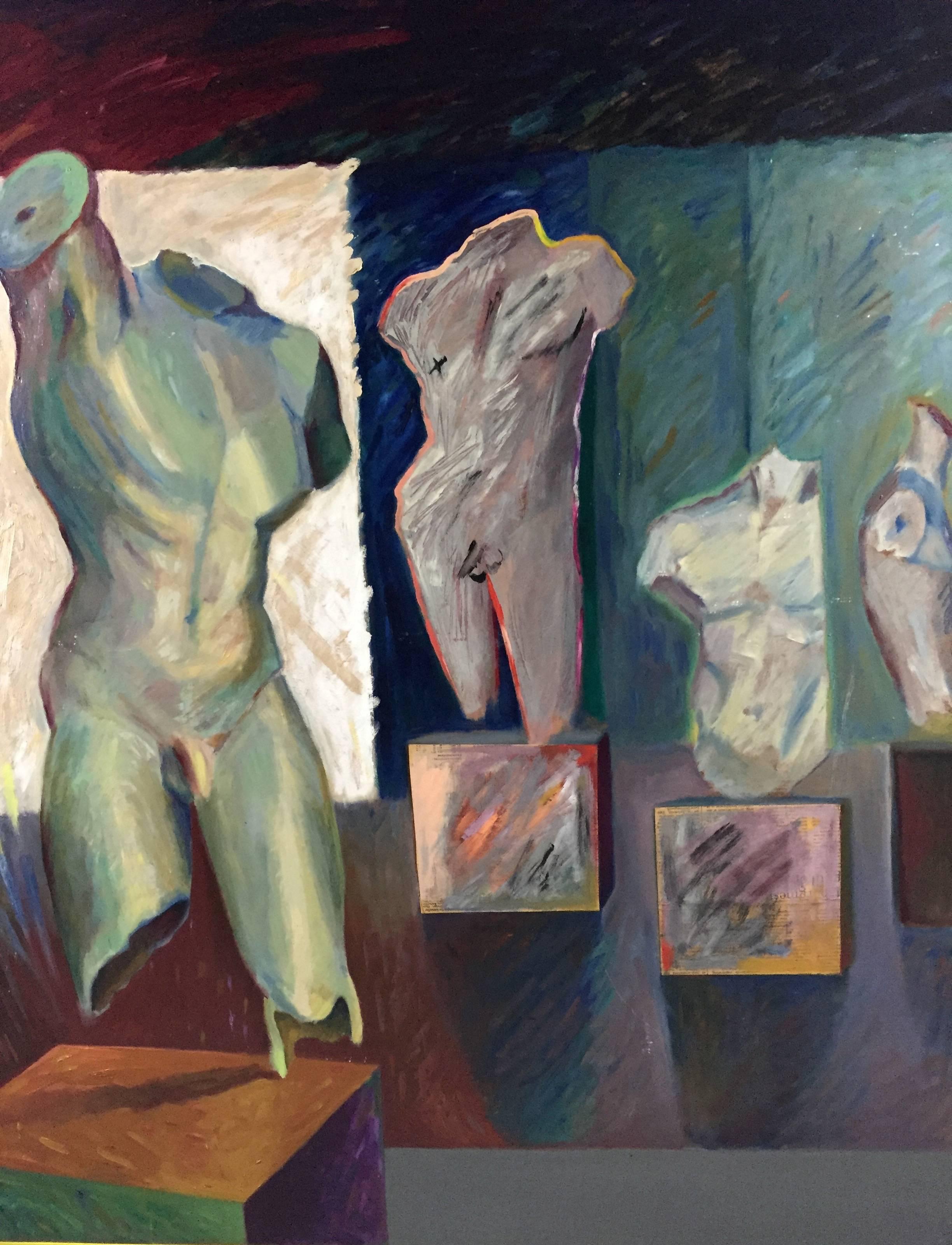 Large-scale oil and mixed-media on composition board of stylized torsos, yellow-painted wood frame by multi-talented artist Ulla Diedrichsen, Denmark, 1980. Signed bottom right UD-80.

Painting possibly part of her first solo exhibition at the