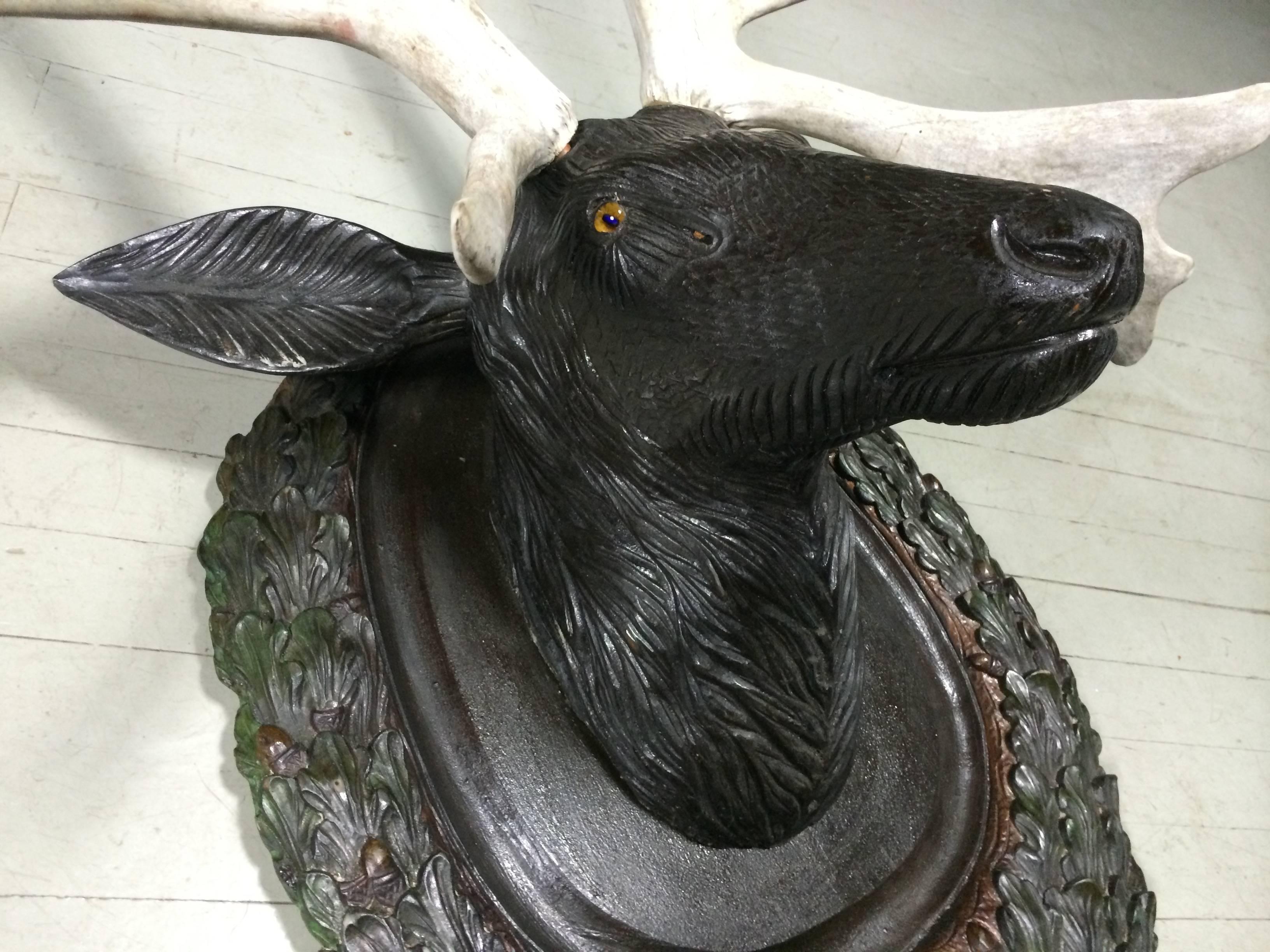 Early 20th Century Lifesize Black Forest Carved Stag Head and Antlers, Early 1900s