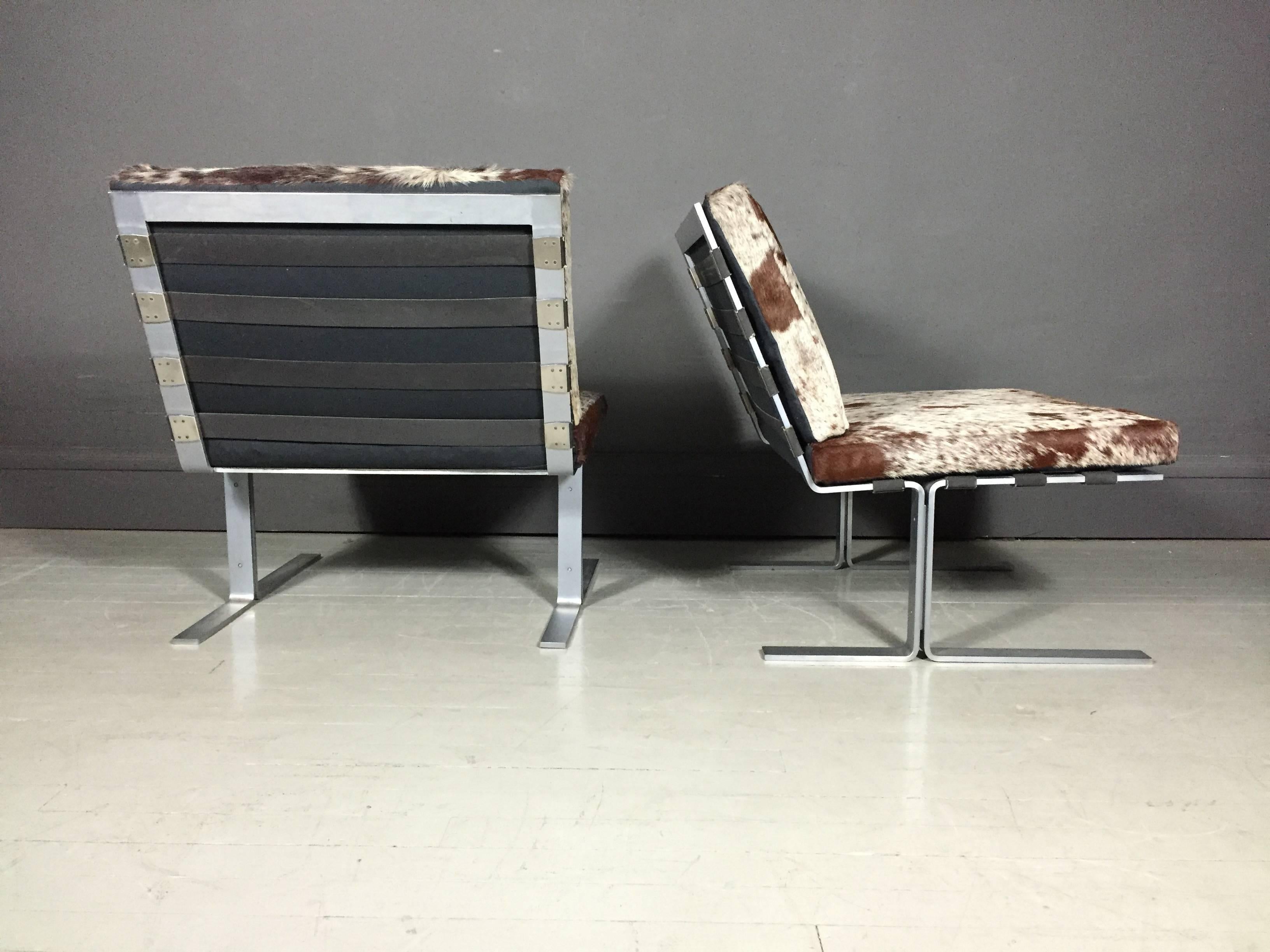 American Modern Flat-Bar Steel Lounge Chairs, Brazilian Hide, 1970 5