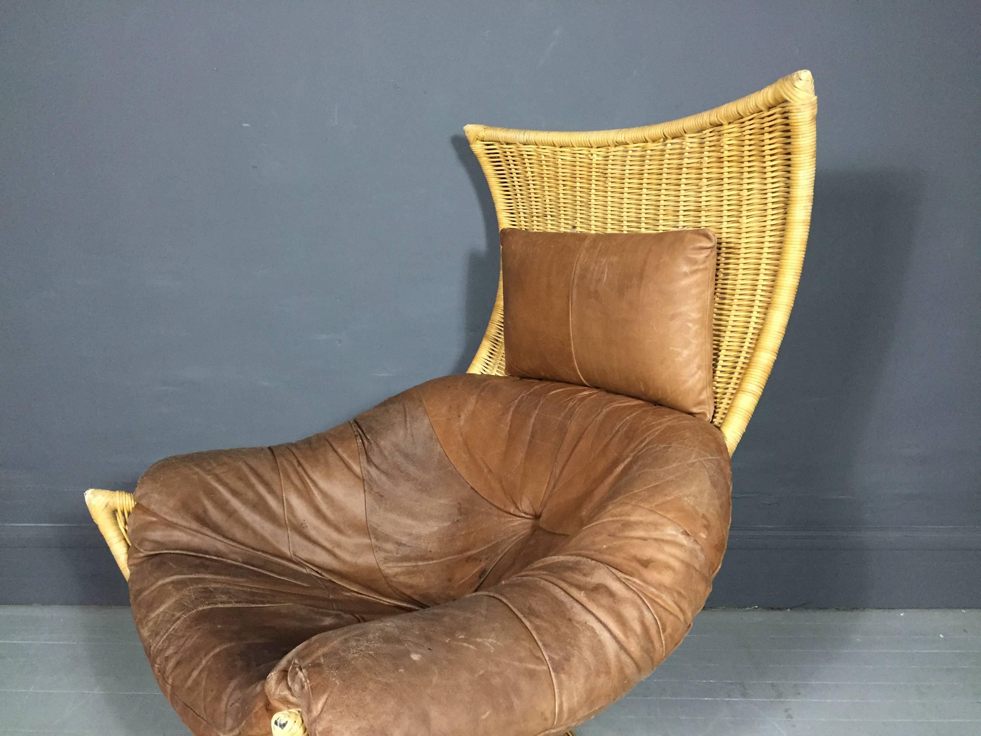 Late 20th Century Rattan and Leather Swivel Lounge Chair, Gerard Van Den Berg, Netherlands, 1970