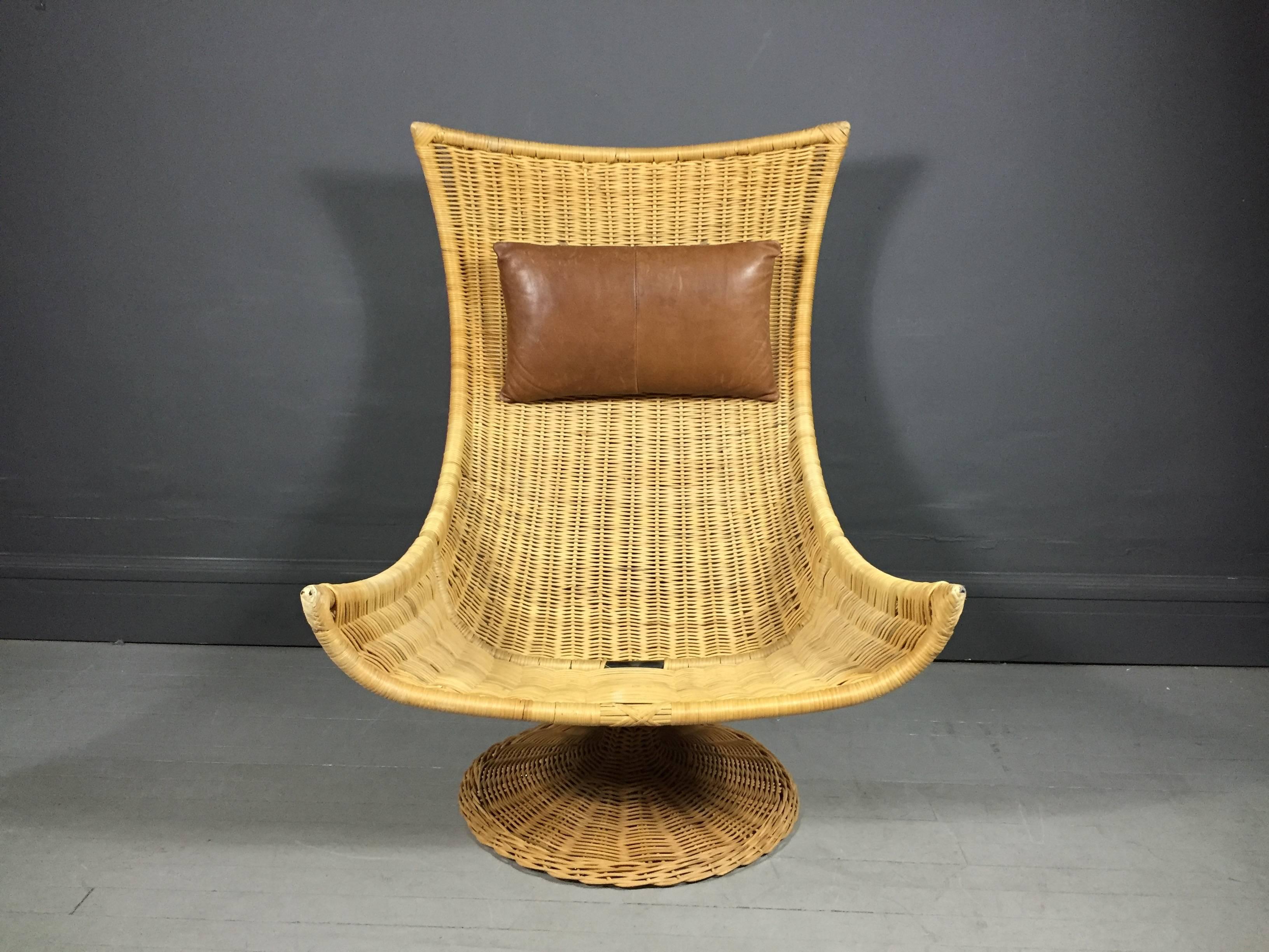 Rattan and Leather Swivel Lounge Chair, Gerard Van Den Berg, Netherlands, 1970 1