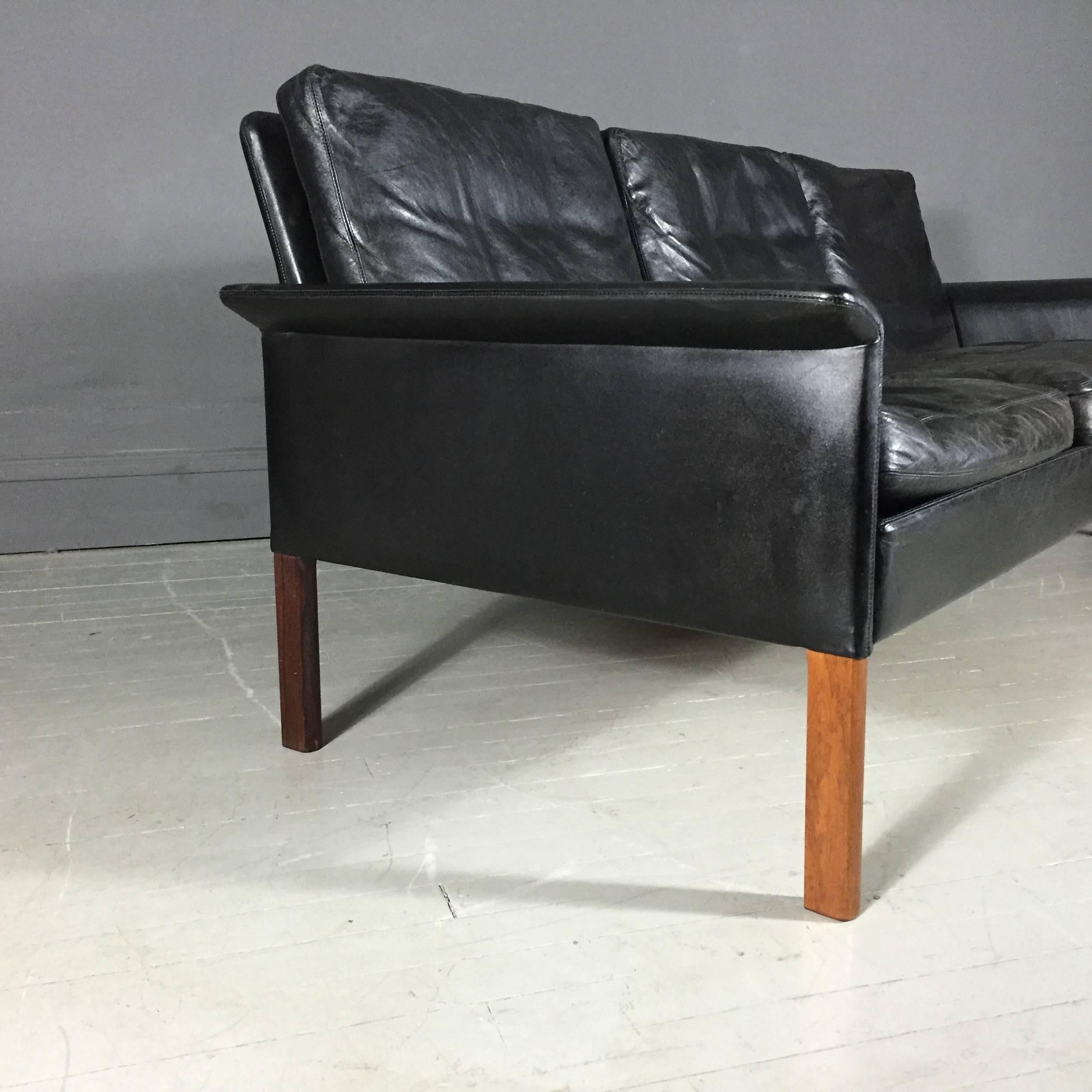 Mid-20th Century Three-Seat Sofa, Black Leather and Rosewood, Hans Olsen, Denmark, 1962