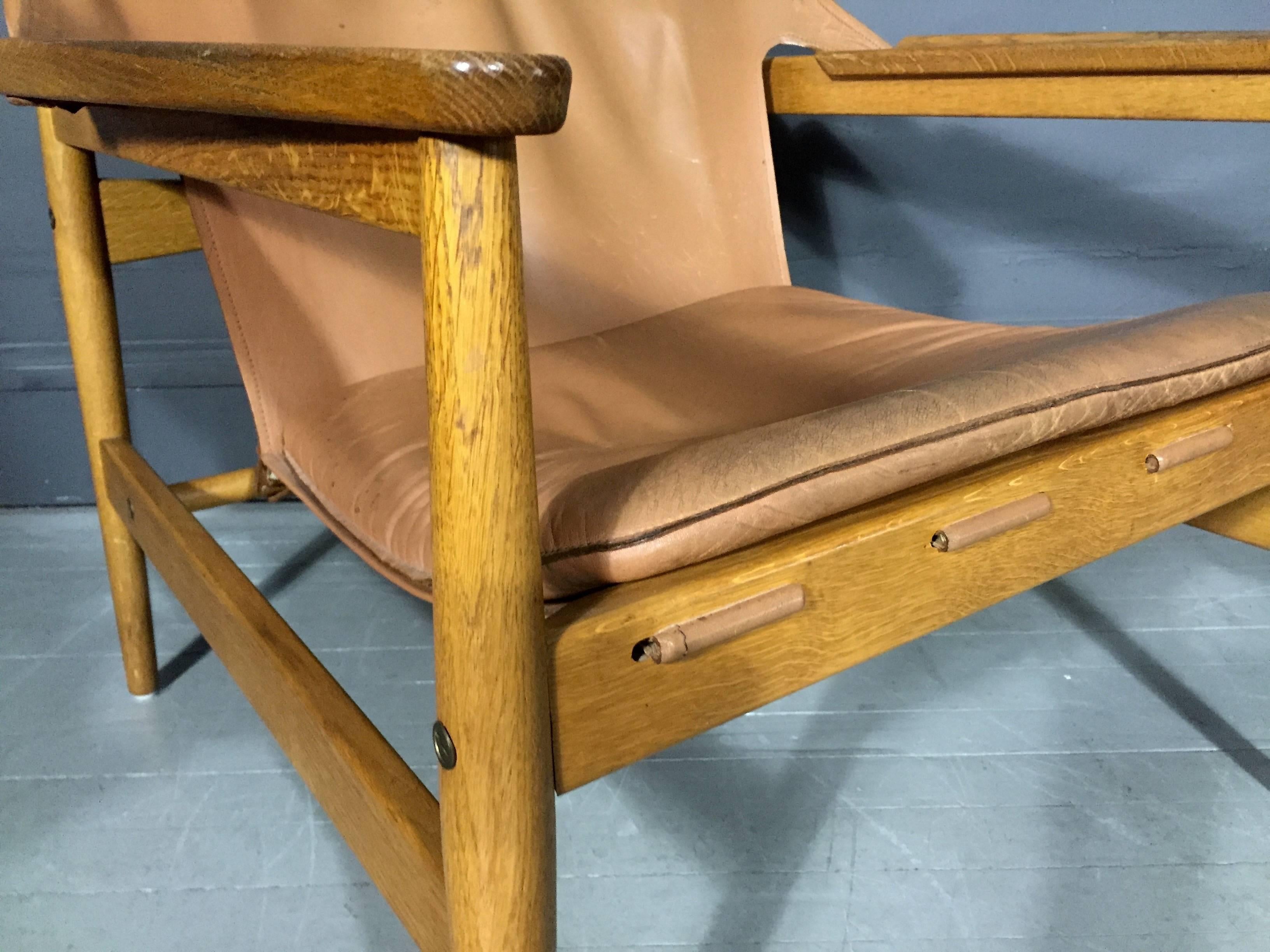 Pair of Hans Olsen Leather Sling Chairs for Viska Mobler, Denmark, 1960s 1