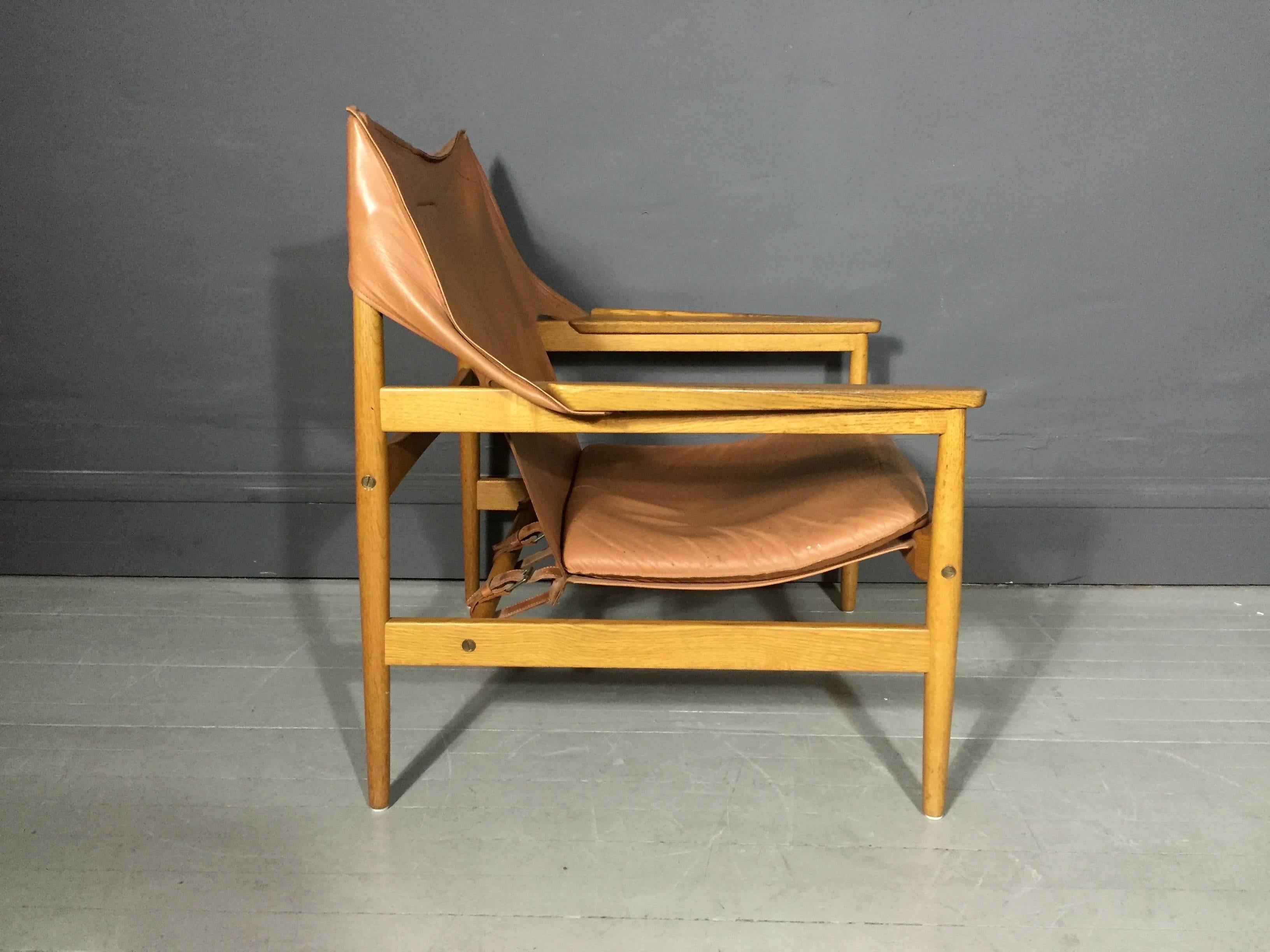 Mid-20th Century Pair of Hans Olsen Leather Sling Chairs for Viska Mobler, Denmark, 1960s