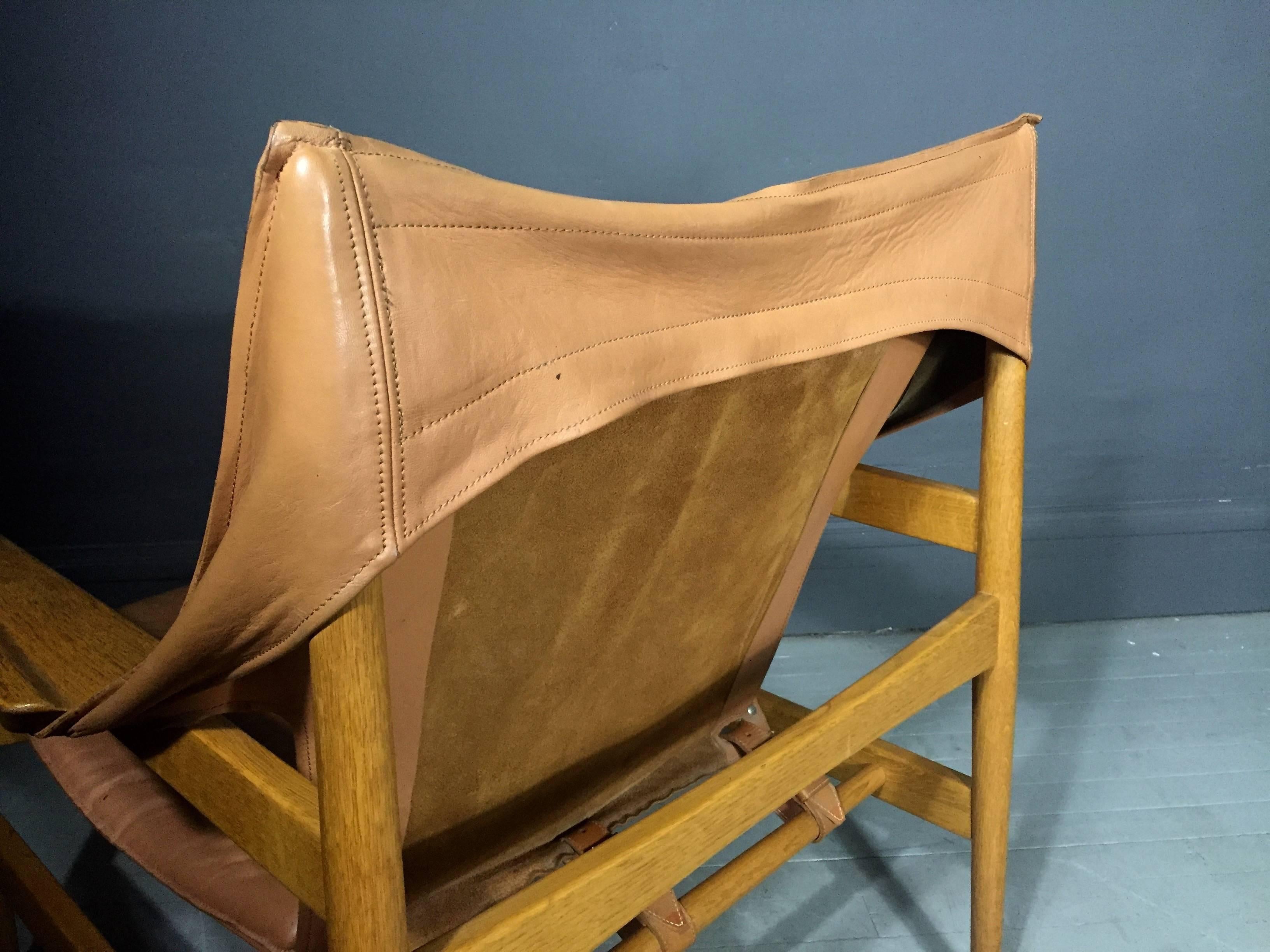 Pair of Hans Olsen Leather Sling Chairs for Viska Mobler, Denmark, 1960s 2