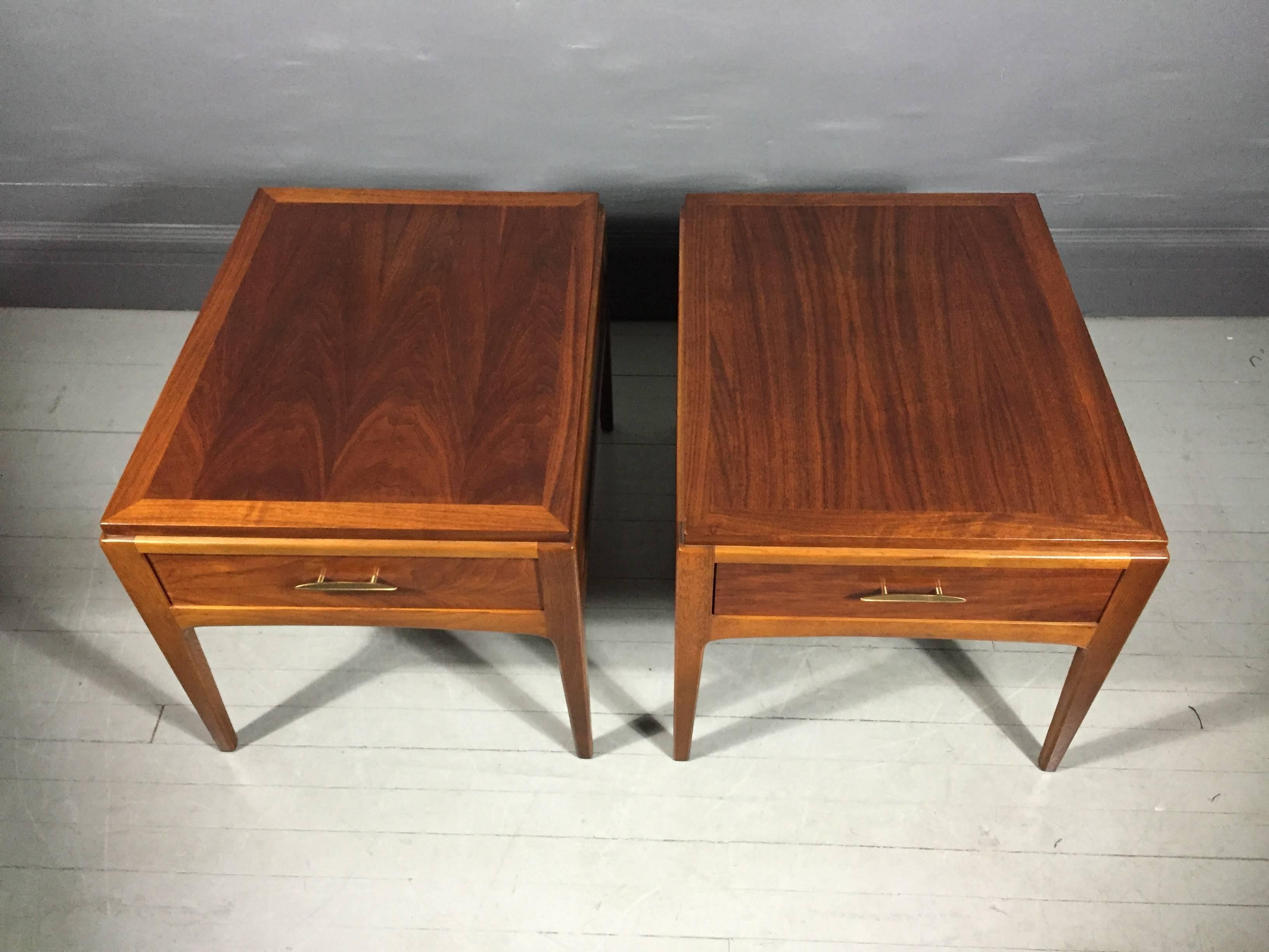 Exceptional refinished-condition pair of end tables in lightly contrasting walnut and hickory with sculptured plated metal handles by Lane Furniture - part of their rhythm series, Alta Visa VA, USA 1960s.