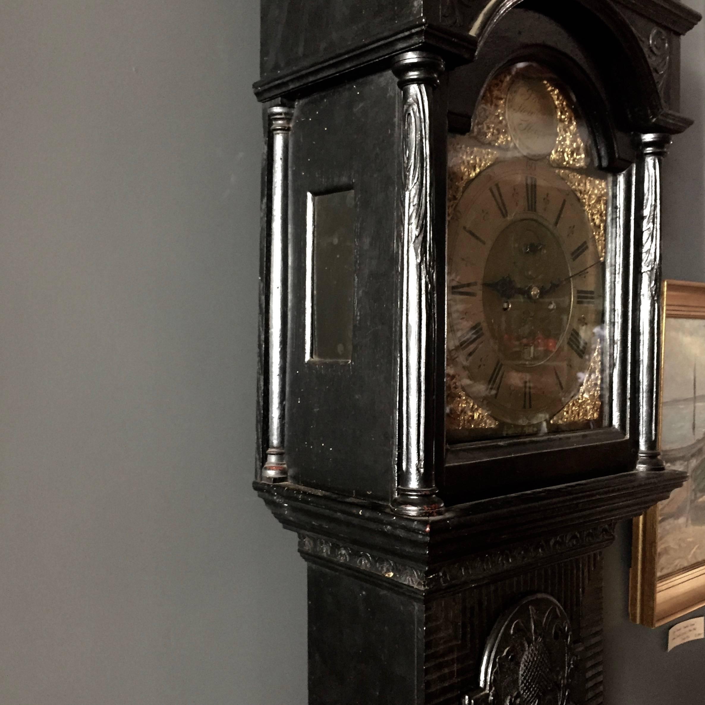 Mid-18th Century English Black Polished Ornately Carved Tall Case Clock 2